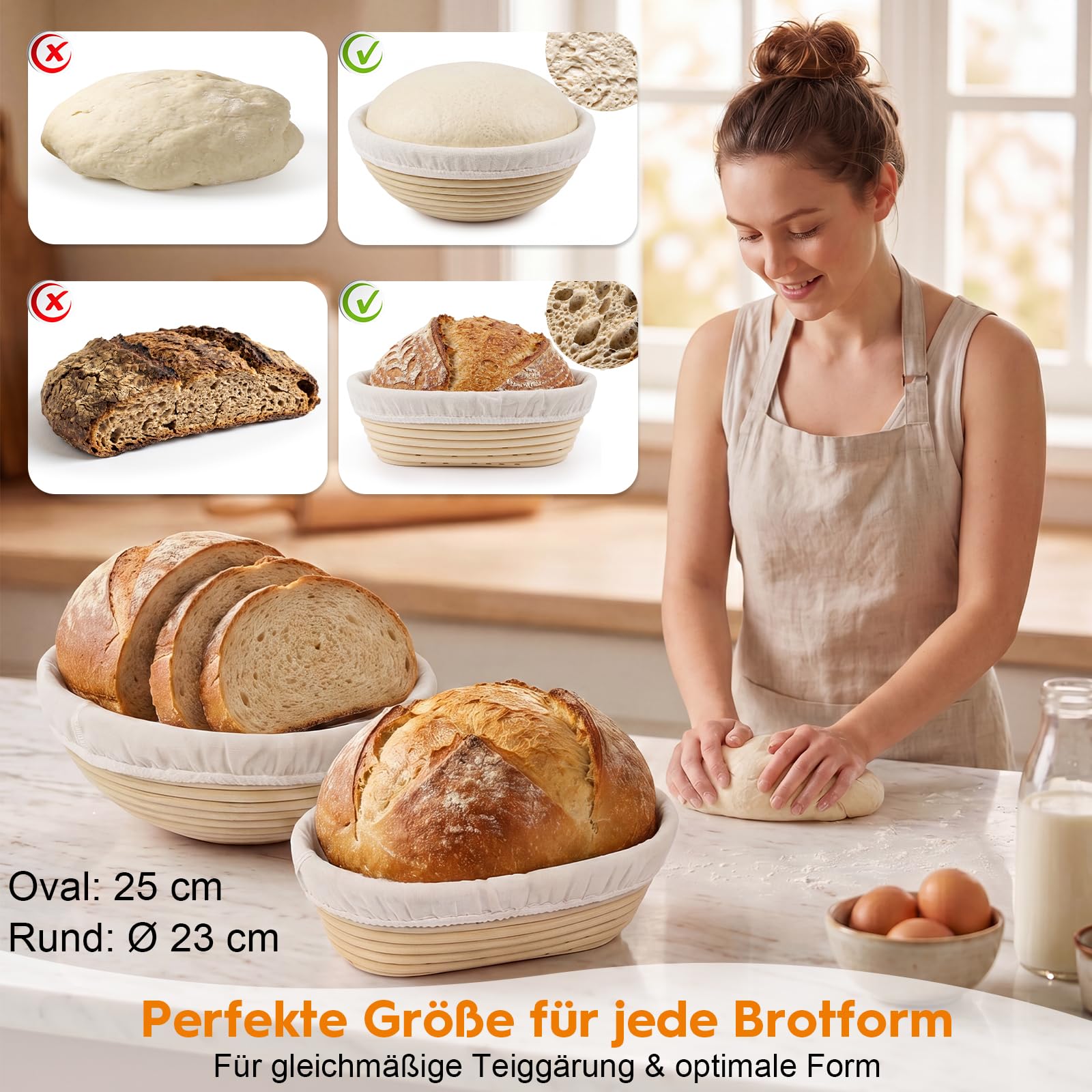Kit lievito completo di 2 Bannetons in rattan (rando e ovale), barattoli a lievito graduato 600 ml, kit fabbricazione pane casa, accessori panetteria e pane lievitato per principianti e appassionati