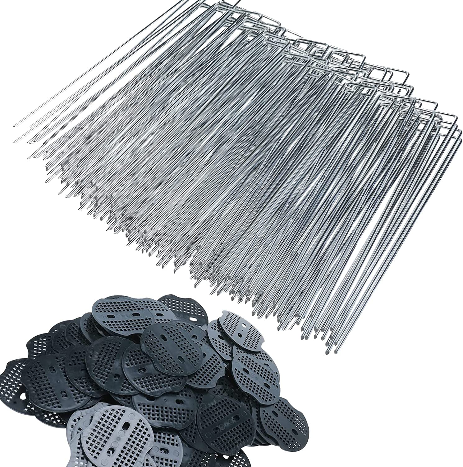 Finderomend 500 Pack Landscape Staples and 50 Pack Gaskets,6" Galvanized Steel Garden Staples with Black Pads,Landscape Pins Turf Staples for Securing Weed Barrier Fabric Artificial Grass
