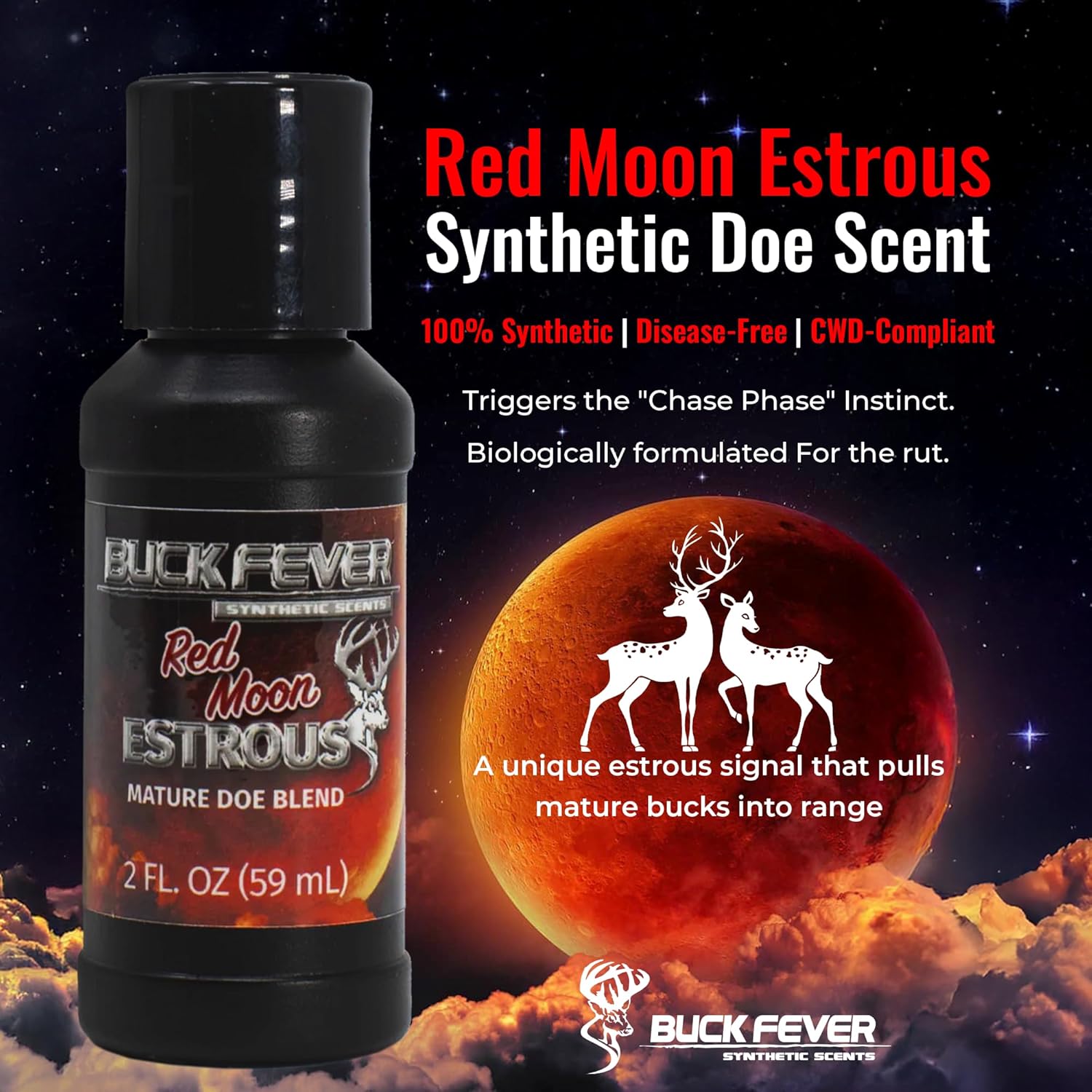 Buck Fever Red Moon Estrous (2 Oz, 12 Pack) – Synthetically Formulated Deer Liquid Attractant – Non-Spoiling, Sweet Synthetic Buck Attractant Scent – Moisture Reactivated Mature Rutting Buck Scent