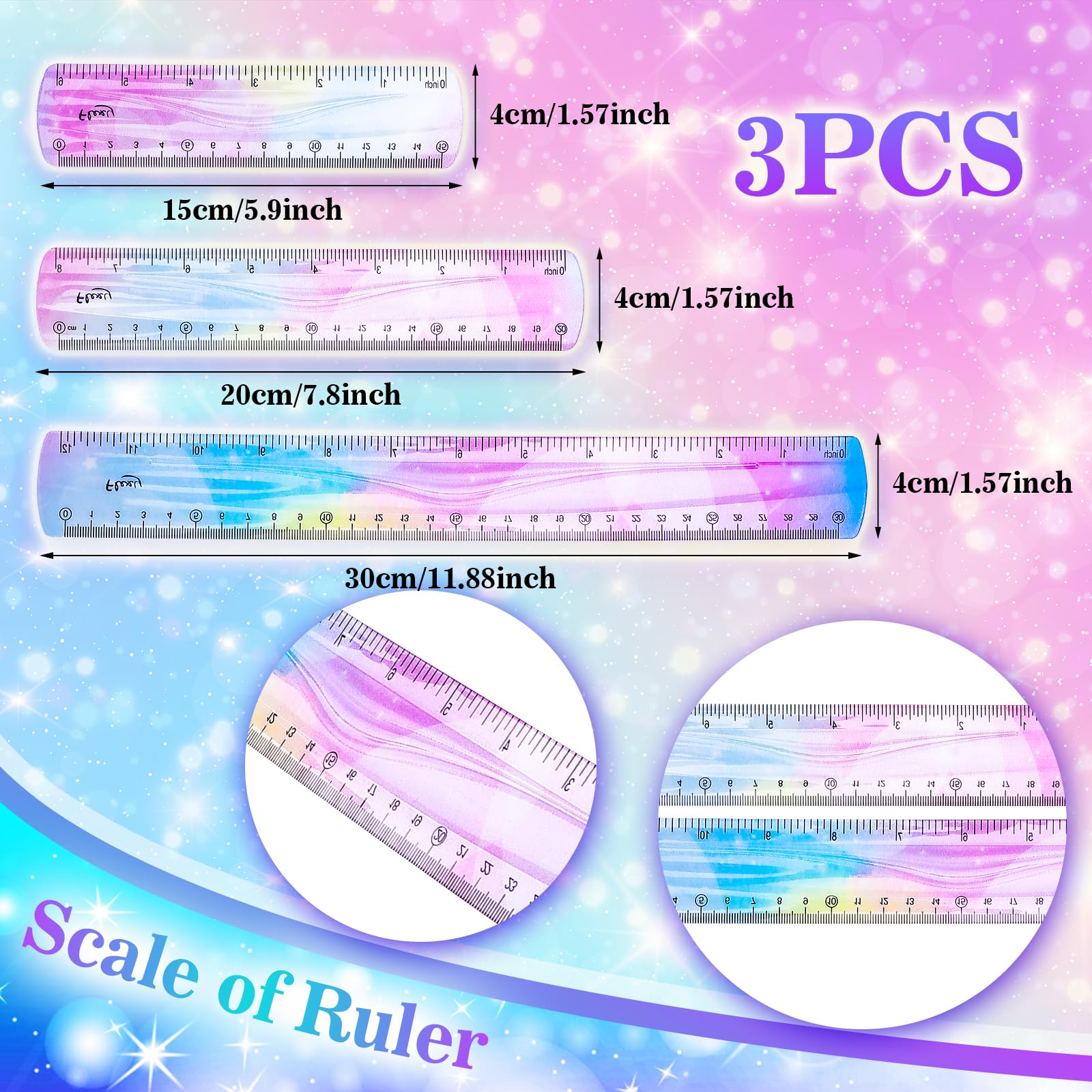 3 PCS Flexible Ruler 6/8/12inch Dual Scale Bendable Ruler Pastel Clear Straight Ruler Shatterproof Ruler for Kids Students School Office Stationary - Image 2
