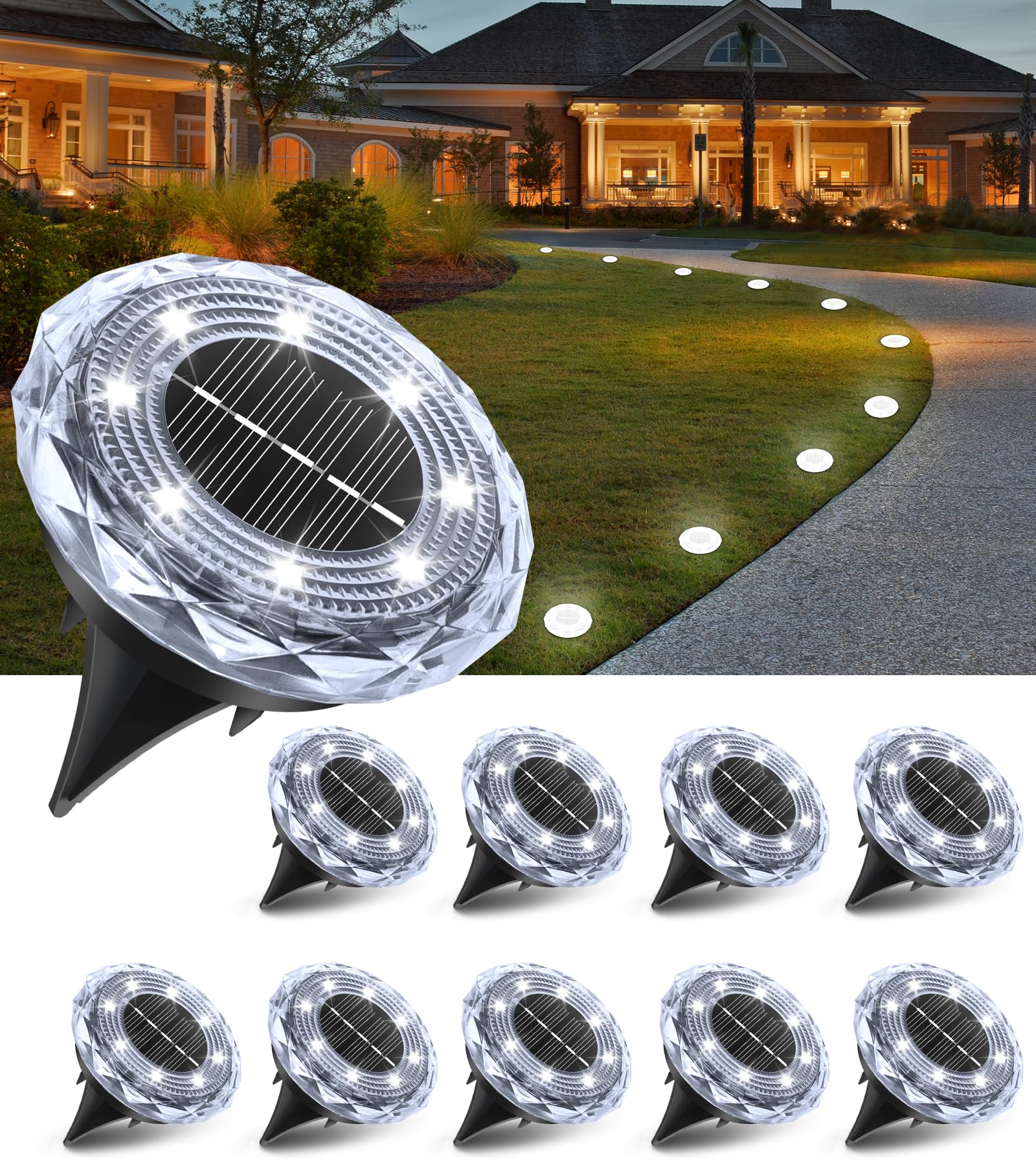 10 Stück Solar Bodenleuchten Aussen, 8 LED Solarleuchten Wasserdicht Boden Solarleuchten,Solarlampe für Außen Garten Rasen Auffahrt Gehweg Patio Hof Terrasse,Kaltweiß