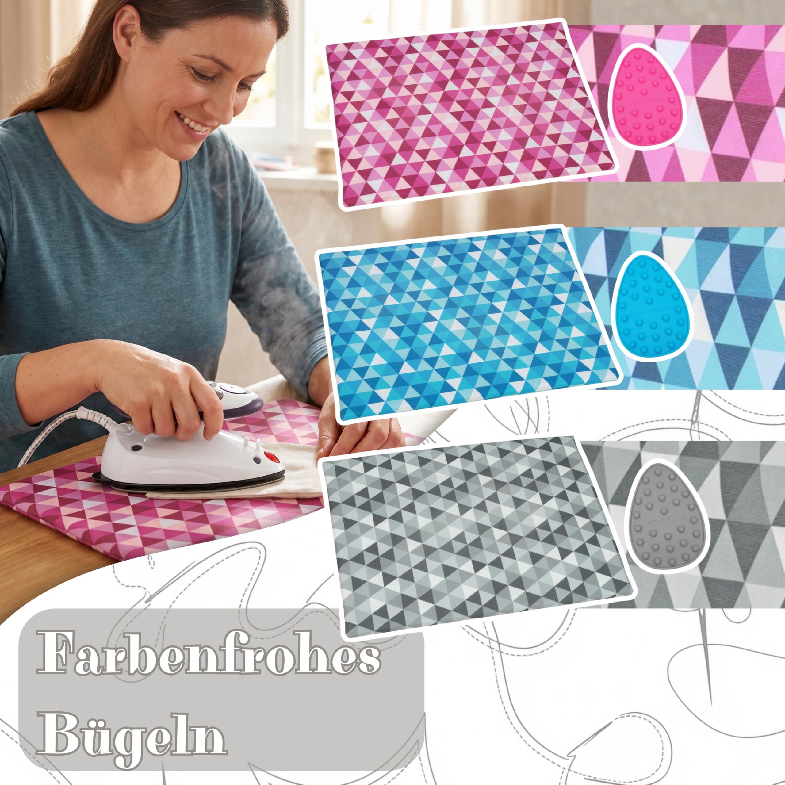 SEMPLIX Bügel Set – Bügelunterlage mit rutschhemmender Rückseite 30 x 40 cm/Mini Bügeleisenablage 10,5 x 15,5 cm/Minibügeleisen von Prym (Petrol/türkis)