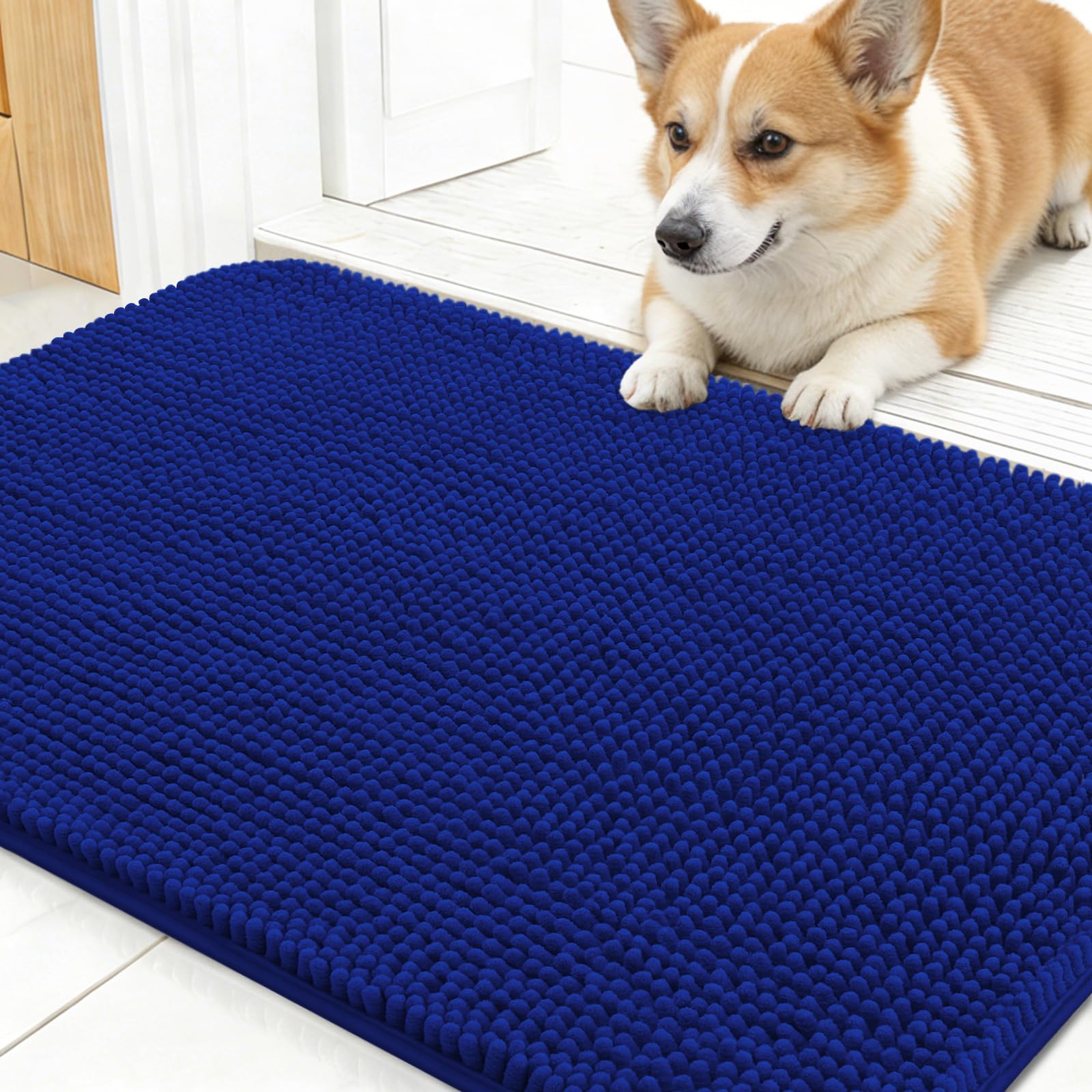 OLANLY Dog Door Mat for Muddy Paws 24x16, Absorbs Moisture and Dirt, Absorbent Non-Slip Washable Doormat, Quick Dry Chenille Mud Mat for Dogs, Entry Indoor Entryway Carpet for Inside Floor, Royal Blue