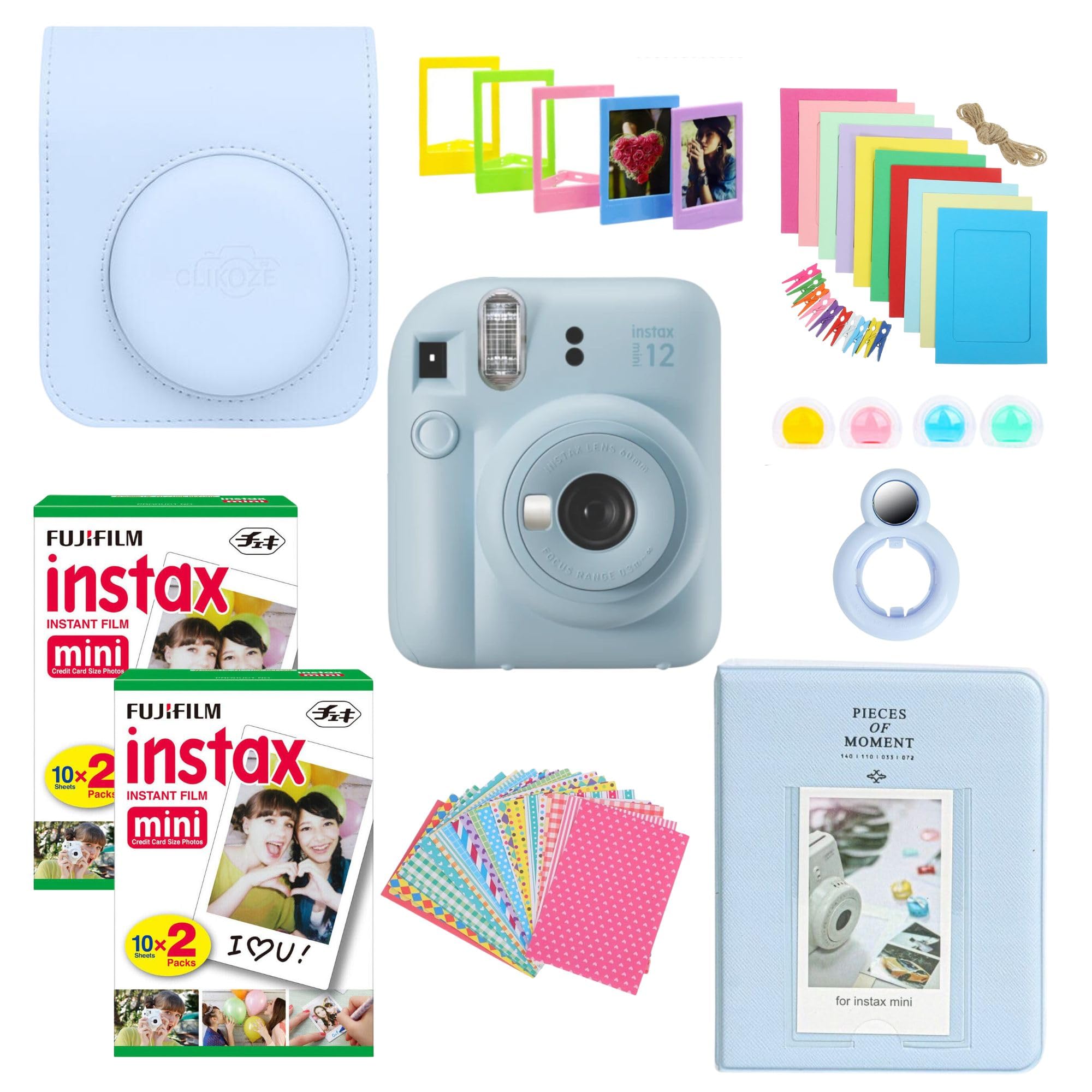 Clikoze Blue Instant Camera Bundle With Fujifilm Mini 12 Pastel Camera, Fujifilm 40 Shot Mini Film, Mini 12 Case, Mini Album Book, Film Stickers, Colour Filters And Accessories