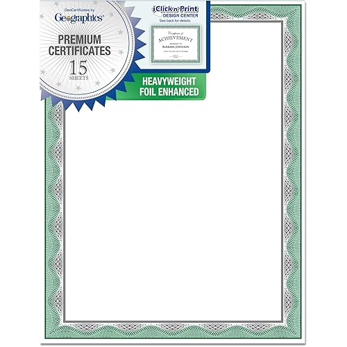 Geographics Heavyweight Foil Certificates, 8-1/2" x 11", Green With Silver Foil, Pack Of 15