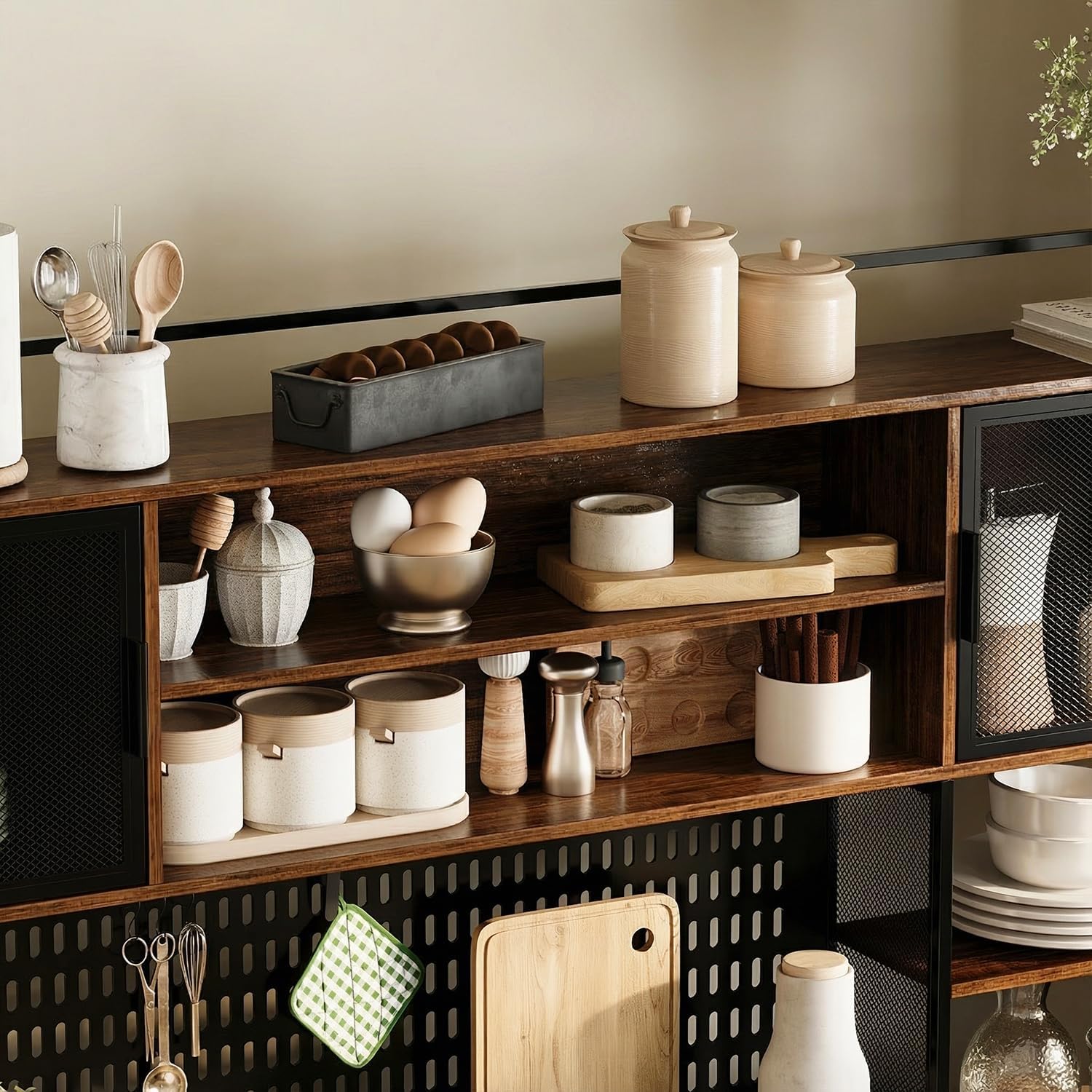 WOODTIME 70.9" W Kitchen Pantry Cabinet with Hutch, Pegboard & Microwave Stand, Large Cupboard Storage Cabinet with 6 Drawers, 4 Metal Mesh Doors & Open Shelves for Kitchen Dining Room, Black & Brown