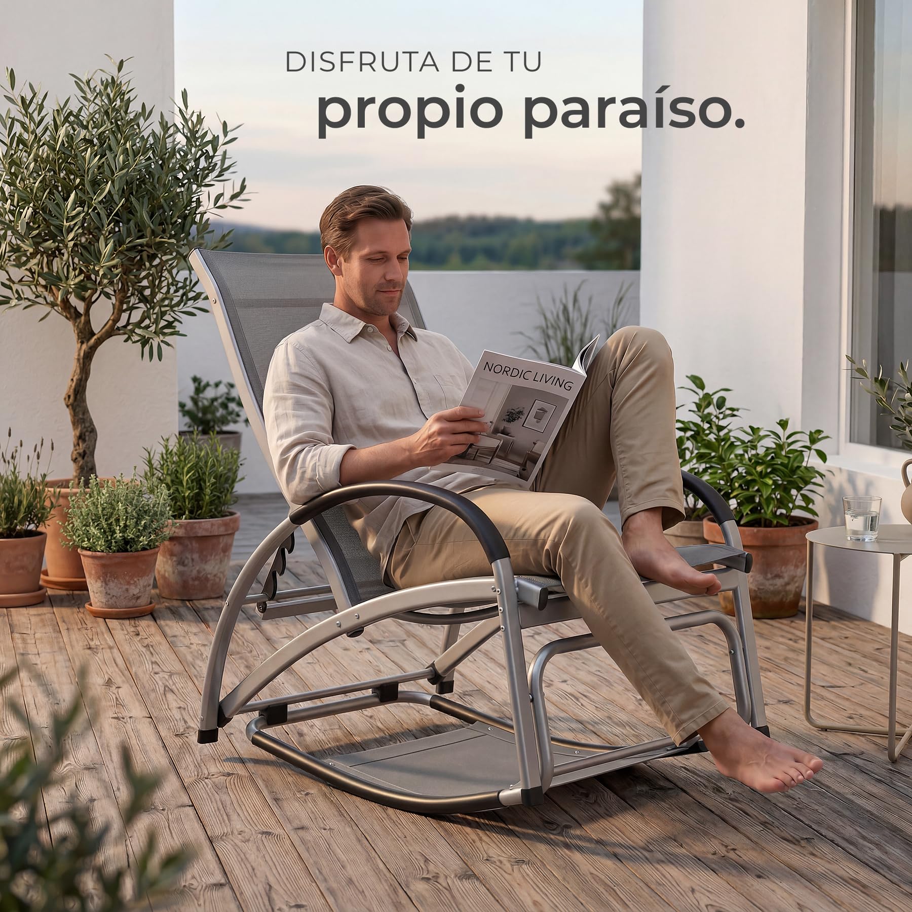 tectake® Tumbona Mecedora 2 en 1, Tumbona Jardín Exterior, Silla Mecedora, Respaldo Ajustable, Estructura de Aluminio, Tejido Transpirable, Ideal para Jardín y Playa - 2 Unidades