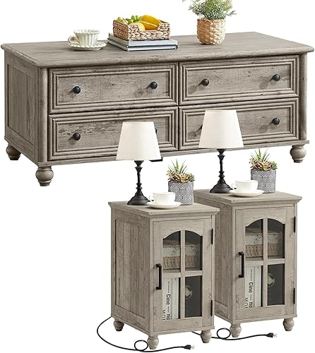 Miniatura 13 de Farmhouse - Juego de 3 mesas auxiliares y auxiliares, mesa central de madera de 48 pulgadas con 4 cajones, mesa auxiliar grande para sofá con