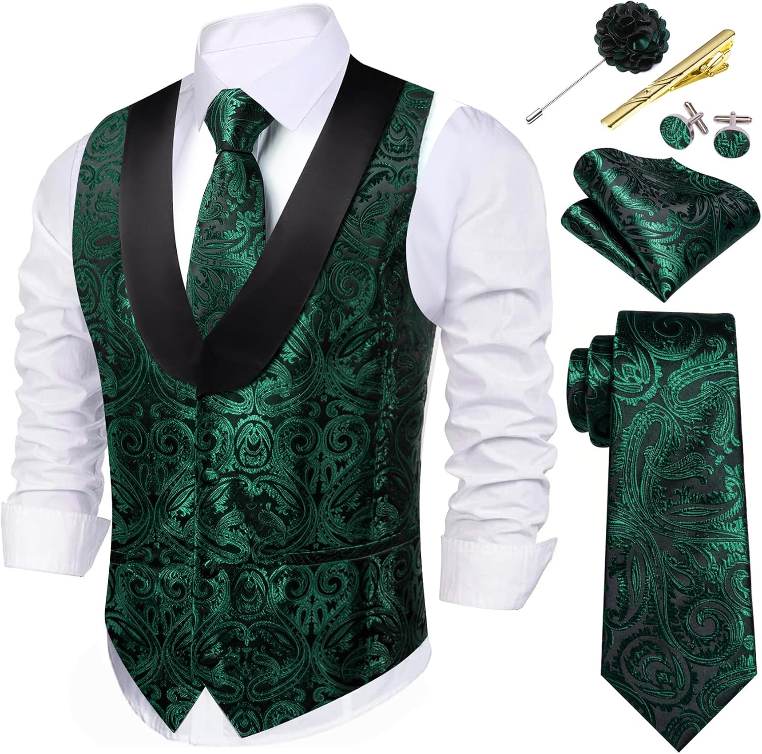Barry.Wang Mens Paisley Vest Tie Set Silk Jacquard Flower Shawl Collar Suit Waistcoat Tuxedo 6PC Wedding Party