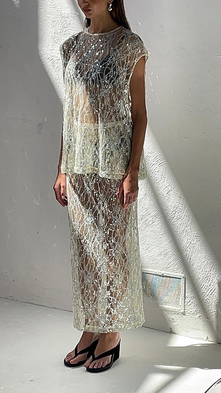 Franhais Womens 2 Piece Skirt Set Floral Lace Sequin See Through Outfits Short Sleeve Top Long Skirt Sheer Cover Up Outfits