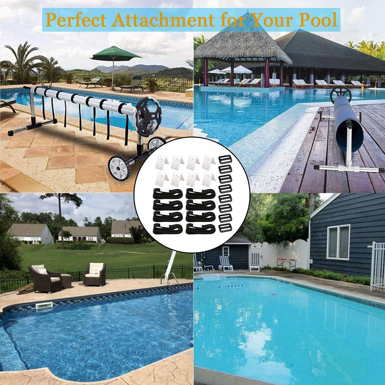 Cinghie di copertura solare da 5 pezzi | Cinghie per avvolgitore per copertura solare, kit di fissaggio per avvolgitore per copertura solare per piscina da 24 pezzi per piscina interrata, accessori