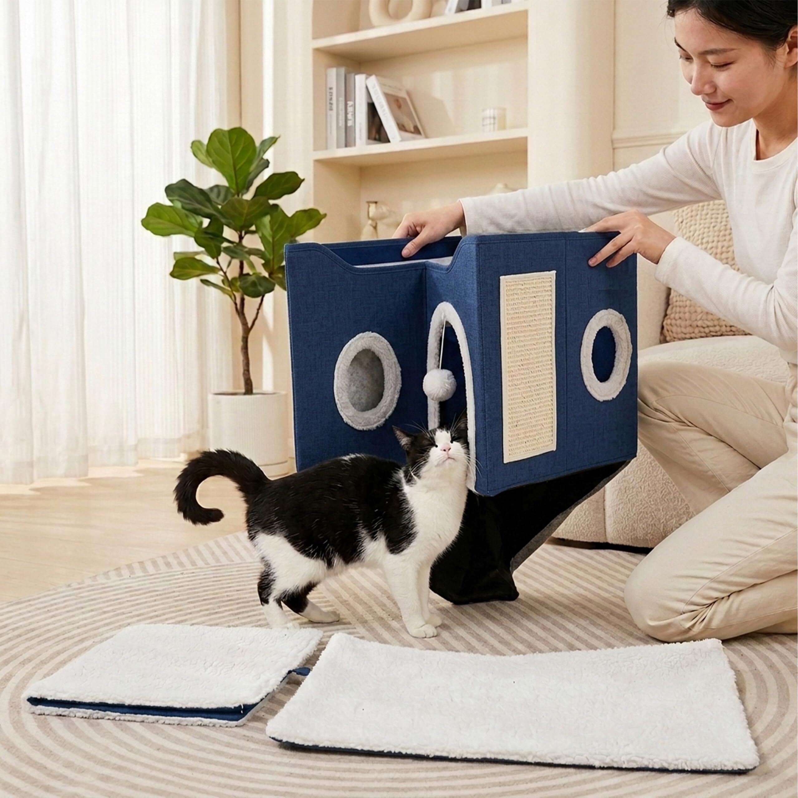 Grotte pour Chat Relaxdays, H x L x P : 34 x 60 x 40 cm, griffoir, Balle, 2 Coussins, Pliable, Bleue