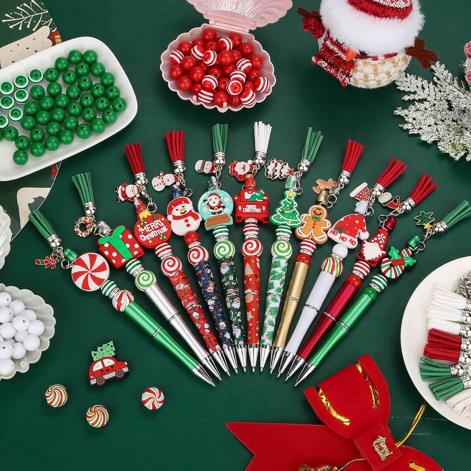 Thrilez 387 Pcs Christmas Beadable Pens Kit, DIY Christmas Beadable Pen Bulk Includes Beaded pens, Focal Beads, Acrylic Beads, Charms and Pen Bags for Christmas Gifts
