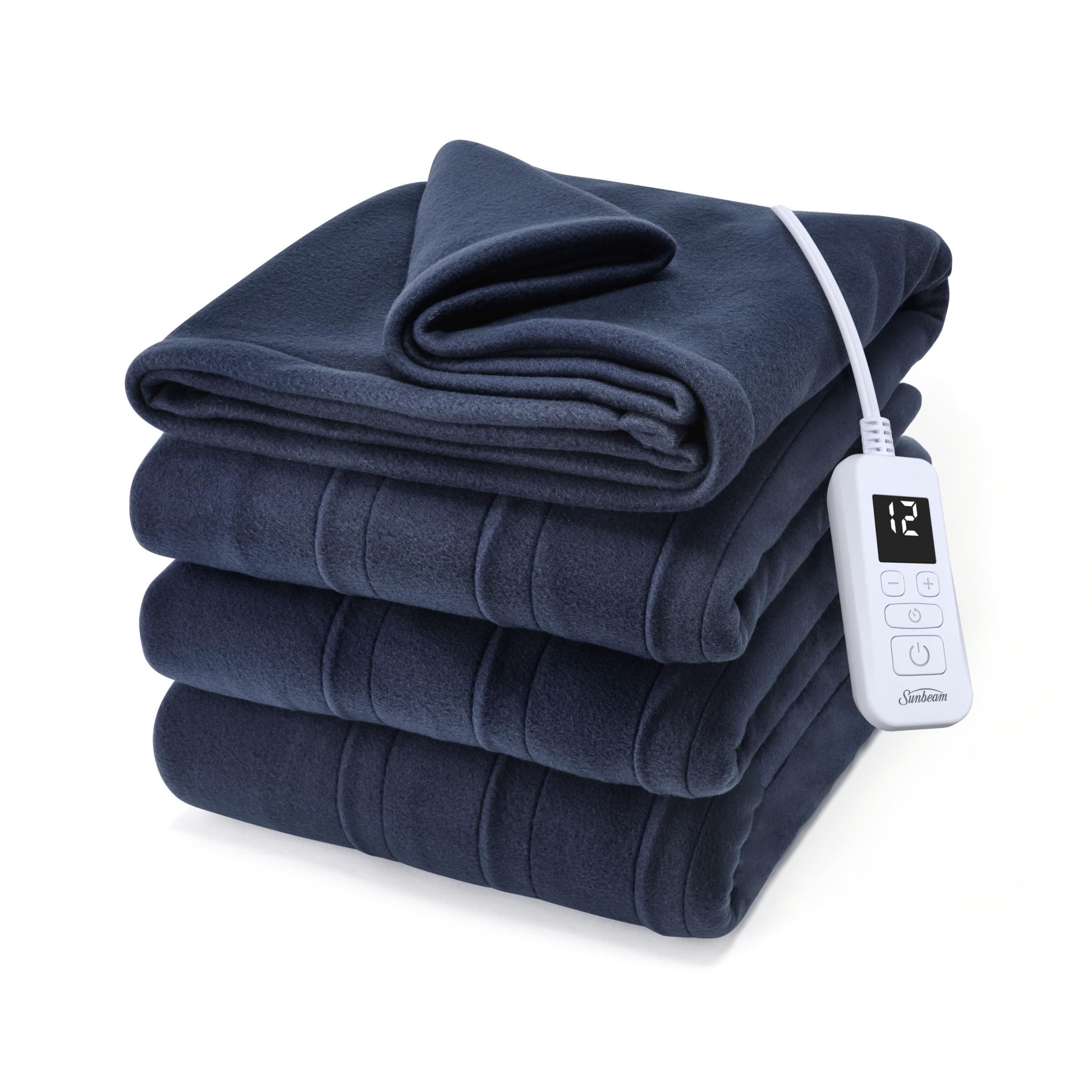 Sunbeam Royal Ultra Fleece Heated Electric Single Blanket for Winter, Twin Size, 84'' x 62'', 12 Heat Settings, 12-Hour Auto Shut-Off, Indigo
