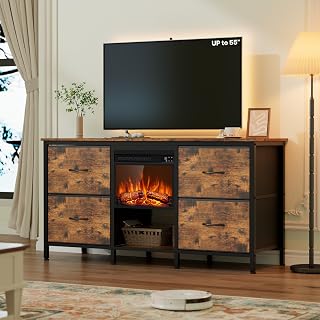 BREEZEHEAT Fireplace TV Stand with 4 Fabric Drawers, Entertainment Center with Fireplace, TV Stand Dresser, TV Console Table for 55, 60 inch TV, for Living Room, Bedroom, Rustic Brown