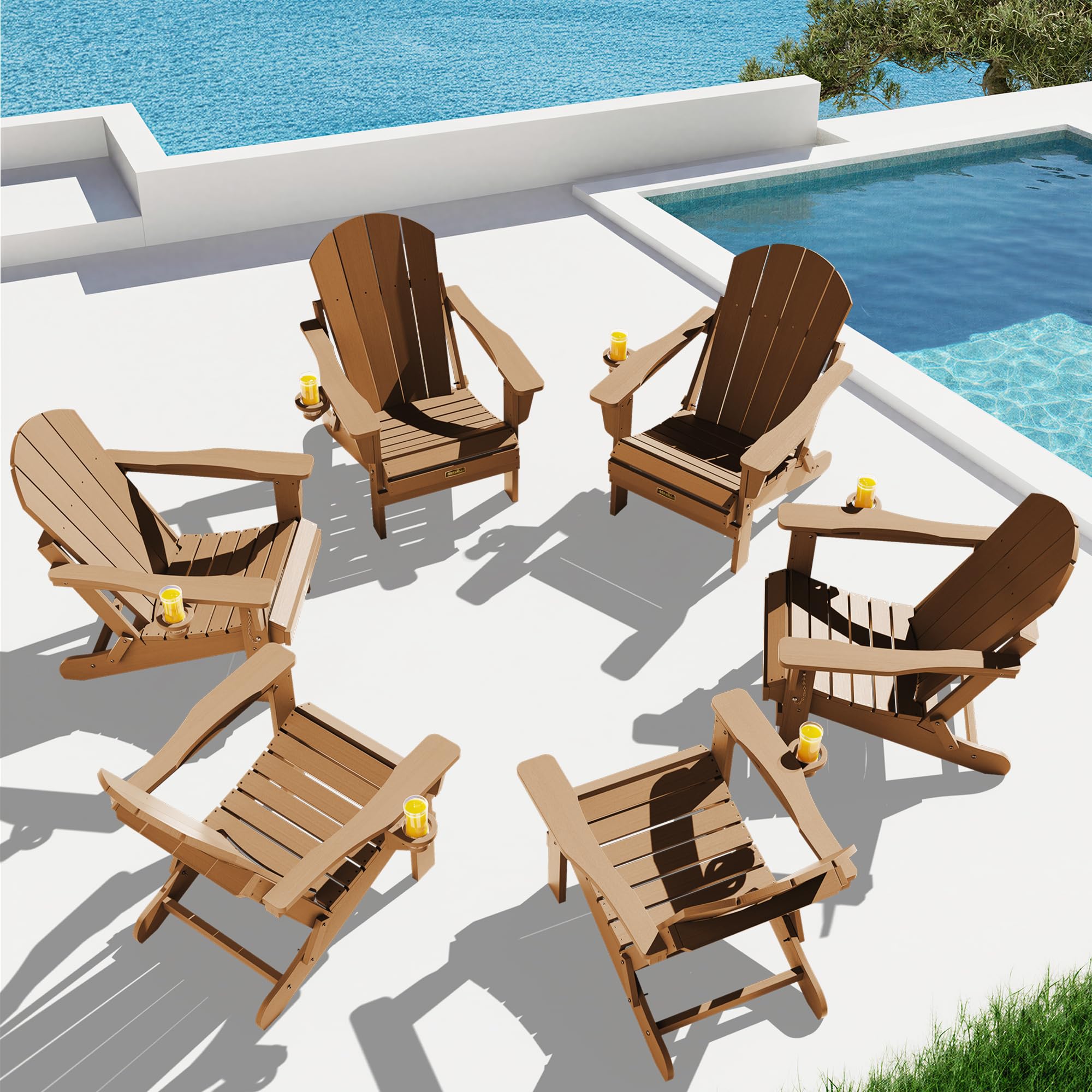 SERWALL Folding Adirondack Chair Set of 6, Lawn Chair with Cup Holder-Brown