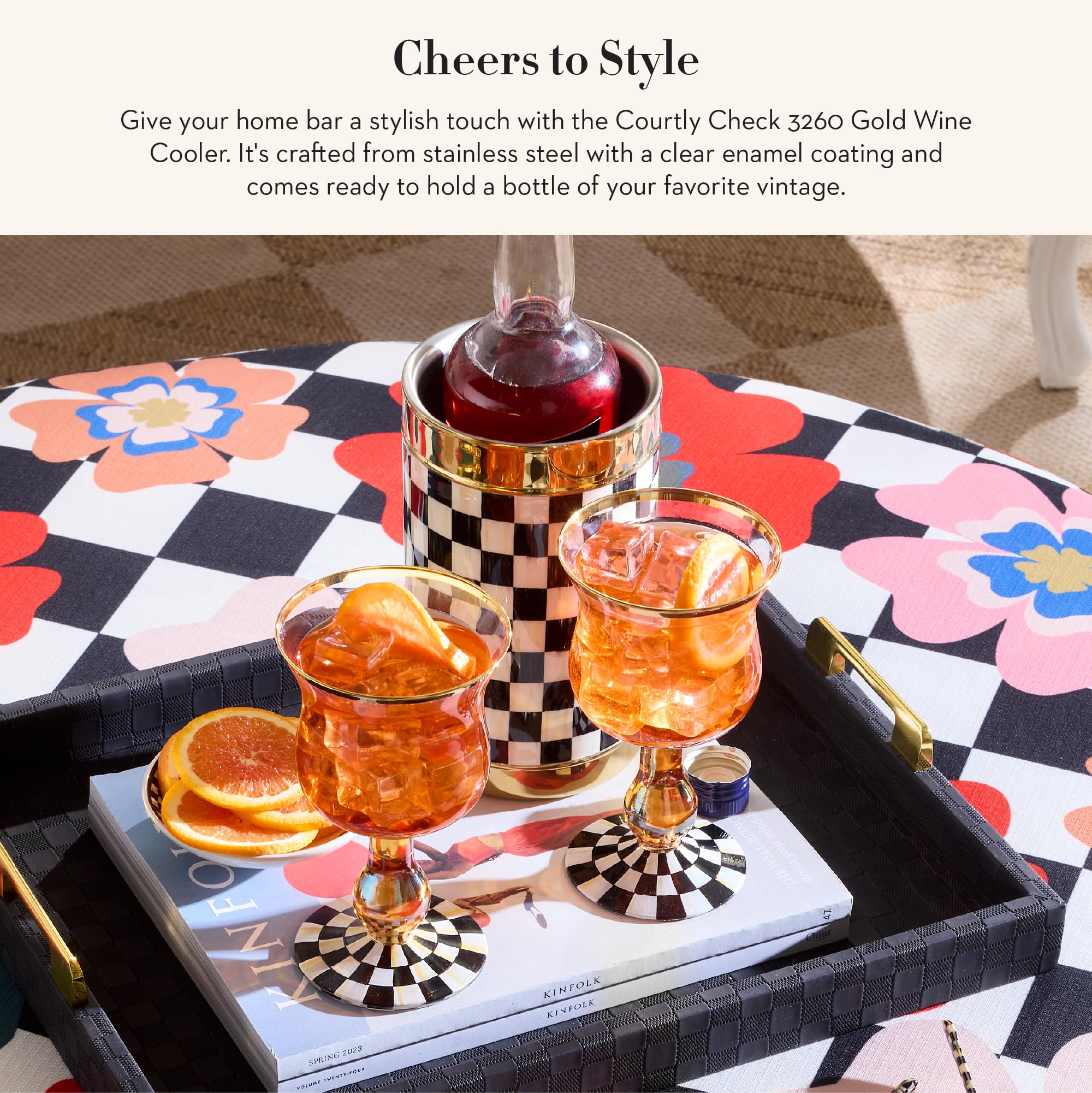 MACKENZIE-CHILDS 3260 Gold Wine Cooler, Black-and-White Courtly Check — Amazon image 2