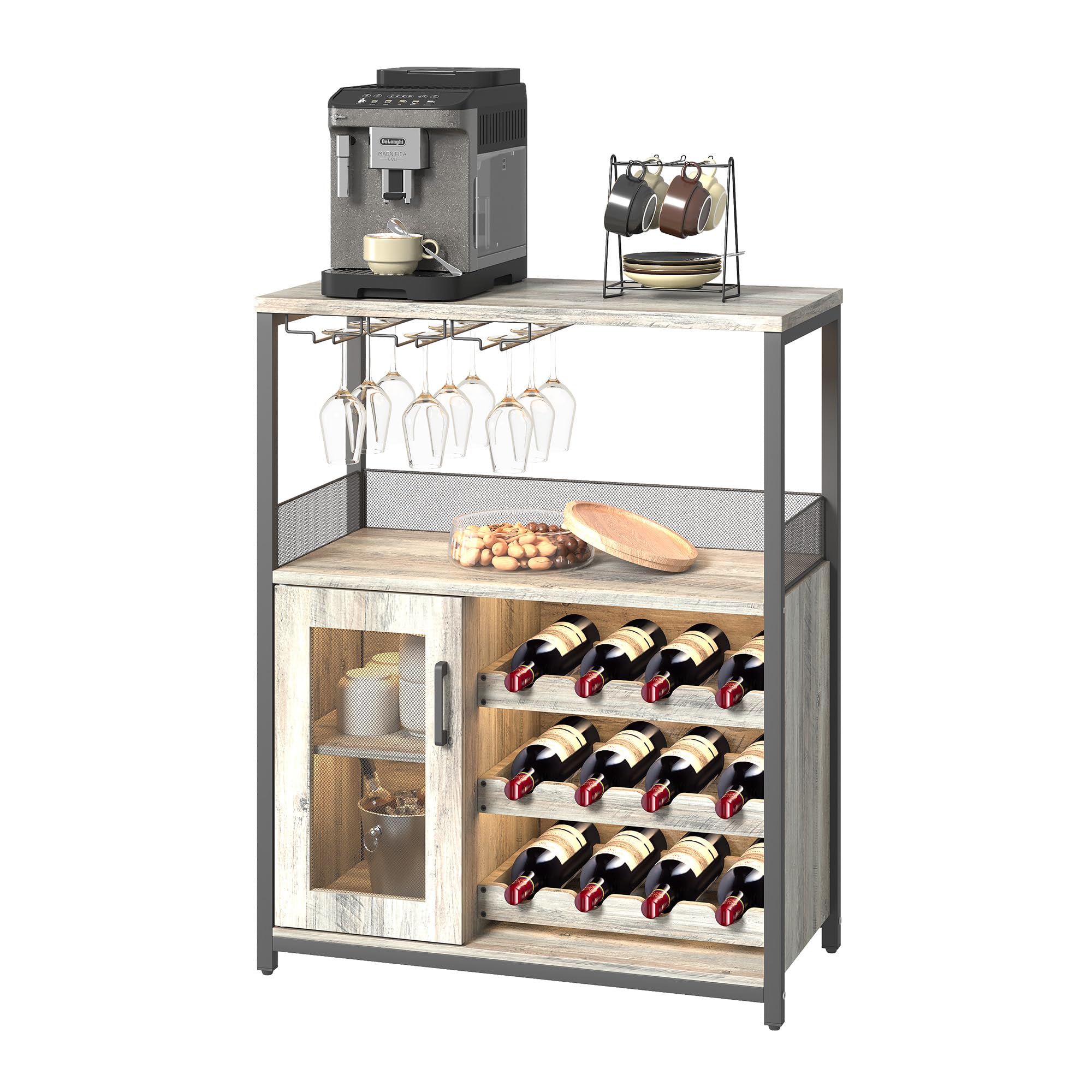 Vintage Industrial Wine Bar Cabinet with Adjustable Wine Racks and Glass Holders, Mesh Door Sideboard Storage Cabinet for Living Room, Kitchen, Dining Room, Compact Design, Easy Assembly,Gray