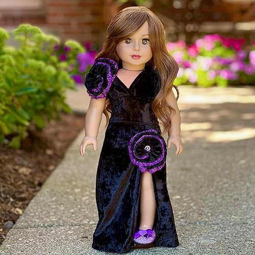 Miniatura 4 de Royal Velvet - Conjunto de 2 piezas para muñeca de 18 pulgadas, vestido negro y morado y zapatos a juego, ropa de muñeca de 18 pulgadas (bolsa no