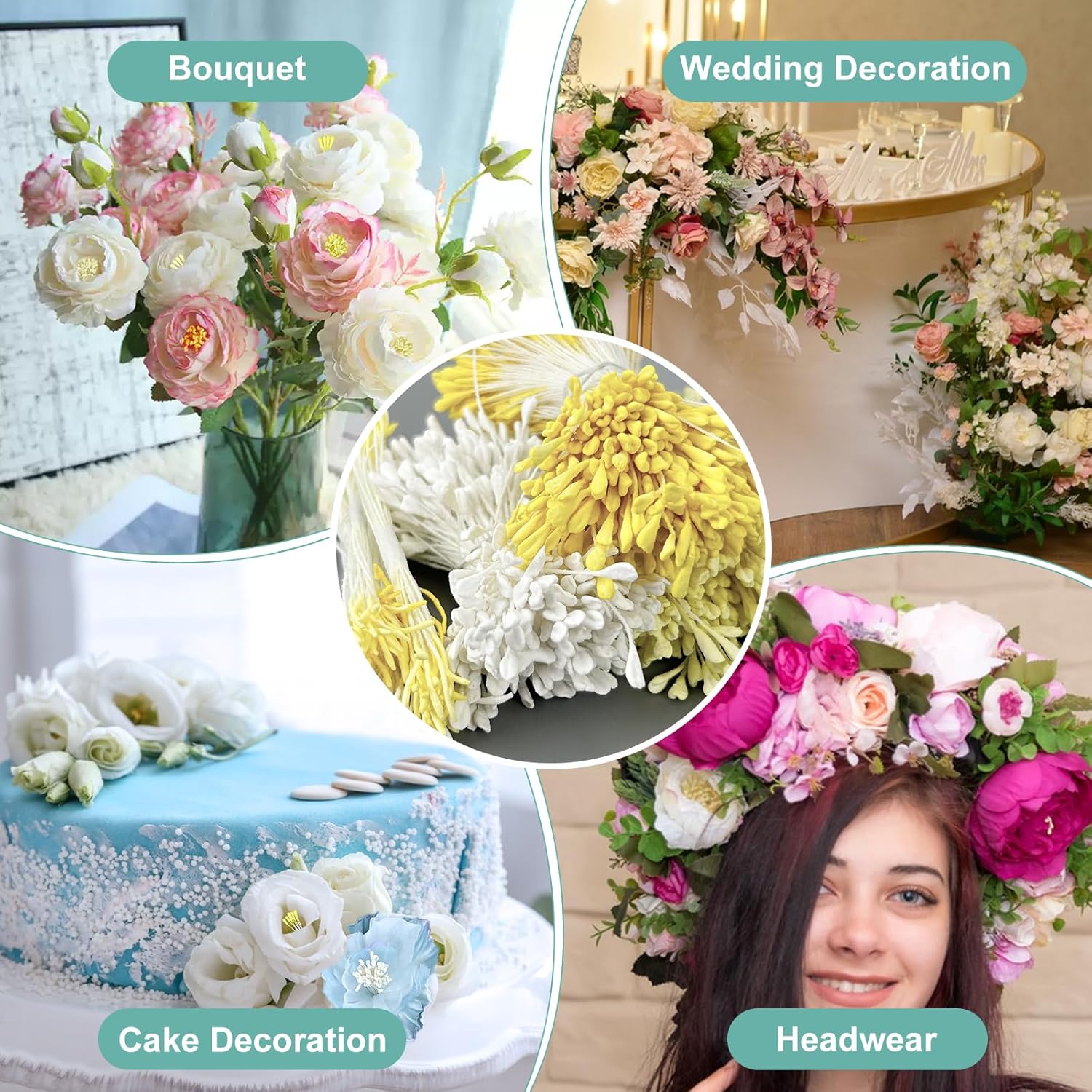 Pack of 1200 Flower Stamens, 2.5 + 1 mm Malt Shaped Artificial Stamens, Double Heads Pearl Flower Stamens, Matte Simulated Stamens, Mini Artificial Double Heads Pearl Flower for DIY Crafts