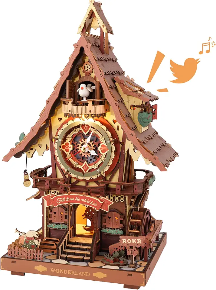 ROKR 3D Wooden Puzzles for Adults, Cuckoo Clock Model Kit, Room Home Decor DIY Watch Making Kit Functional Mechanical Building Toys, Hobbies Birthday Christmas Day Gifts for Men Women 14+