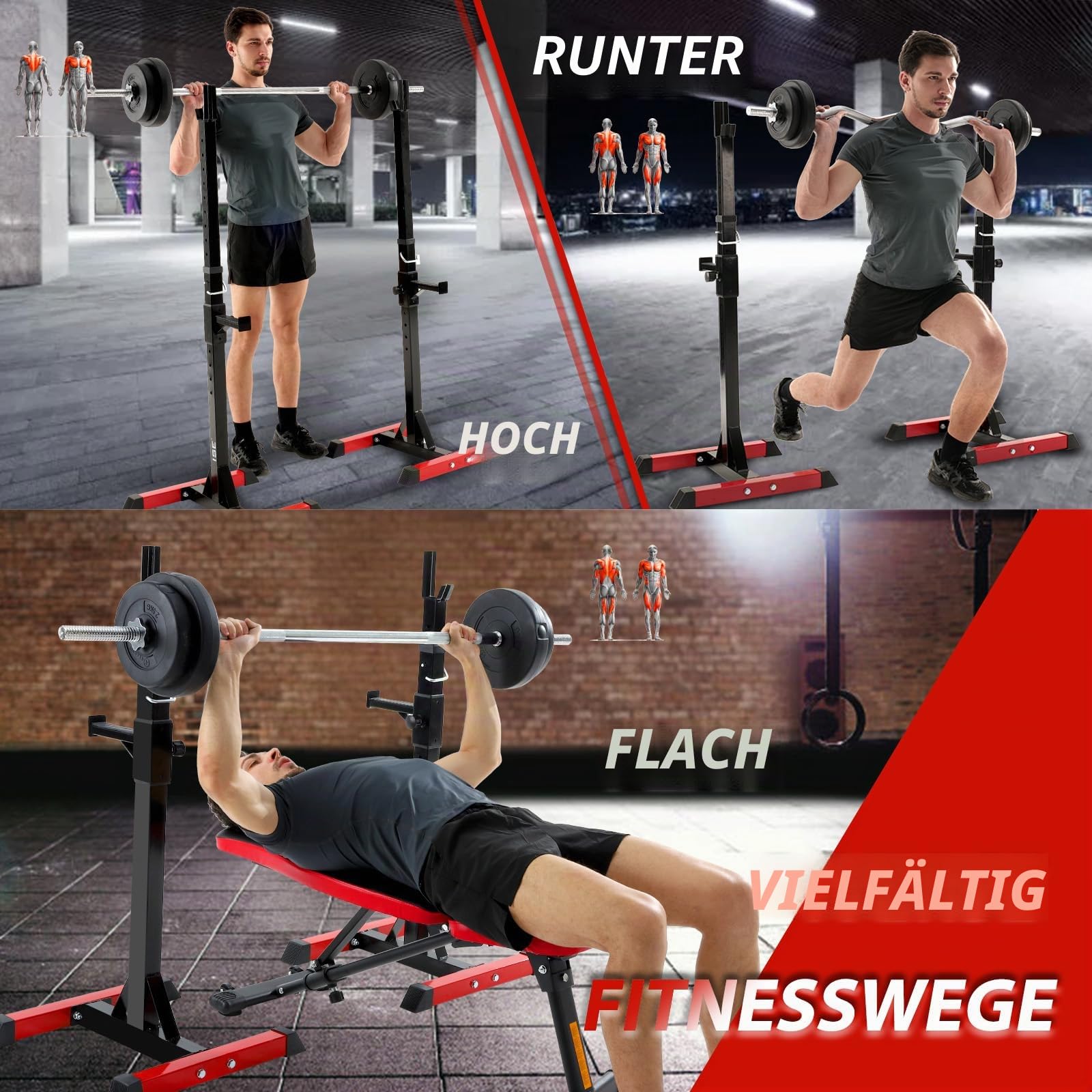 ISE Squat Rack Hantelständer mit 6 Höhenverstellbar Langhantelständer, Langhantelablage 2 Einzelnen Ständern,Max. bis 200KG, Kniebeugenständer, Langhantel Ständer für Sportstudio Zuhause