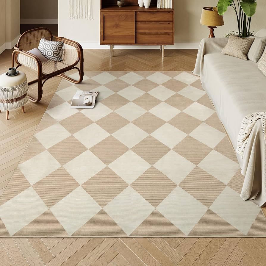 Beeiva Checkered Print Living Room Rugs 8x10, Moroccan Beige Washable Area Rug 8X 10 Non Slip Soft Bedroom Carpet, Geometric Plaid Aesthetic Decor Ultra Thin Large Carpet for Dining Room Office