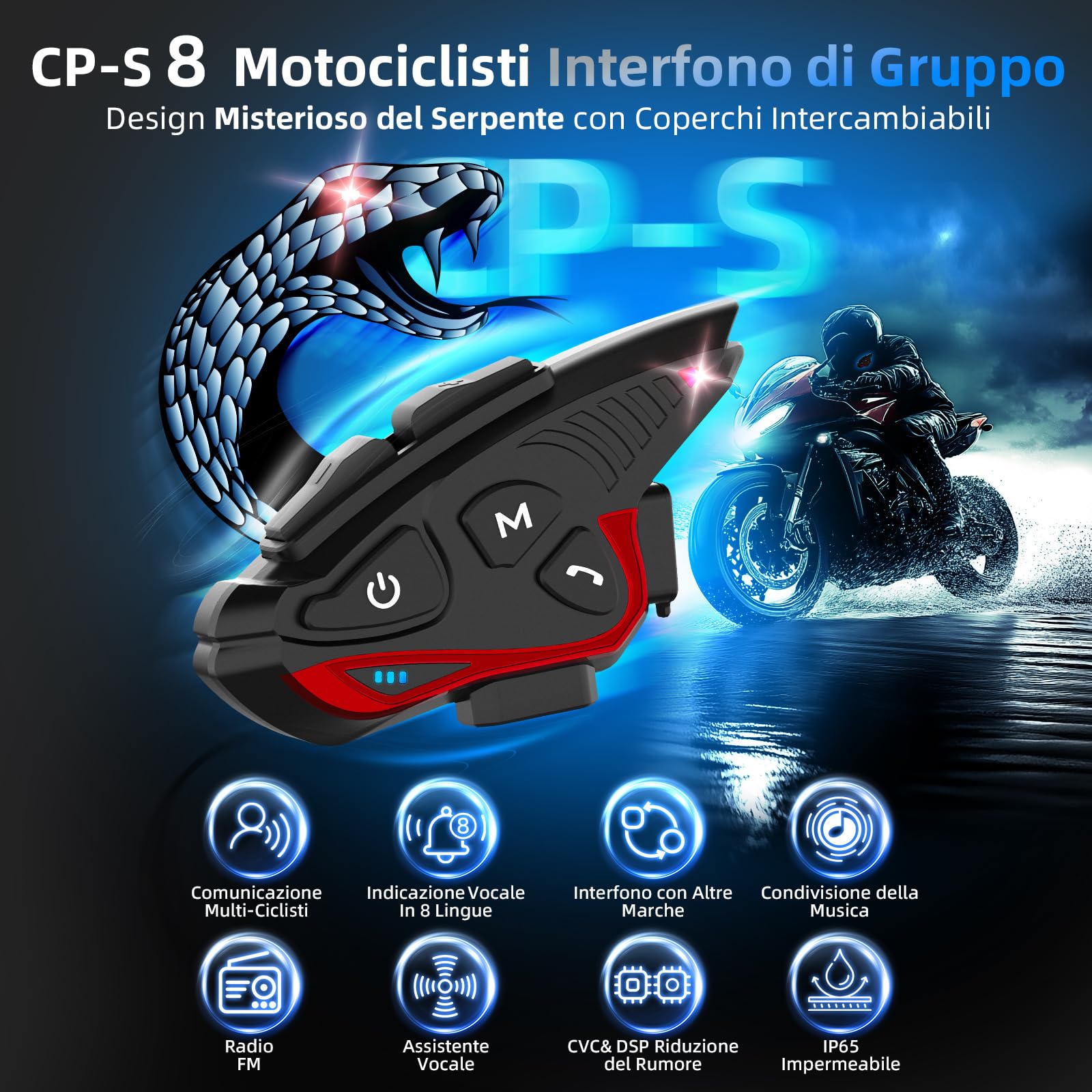 Moman Interfono Moto, CP-S Auricolare Casco Moto 8 Motociclisti 2000M Sistema di Comunicazione Connettività Universale con Radio FM Cancellazione del Rumore Condivisione Musica Impermeabile, Singolo