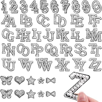 82Pcs Self Adhesive Pearl Letter Patches A-Z,Number Patch 0-9,Glitter Pearl Letter Patches Rhinestone Applique for DIY Clothes, Bags, Shoes Black
