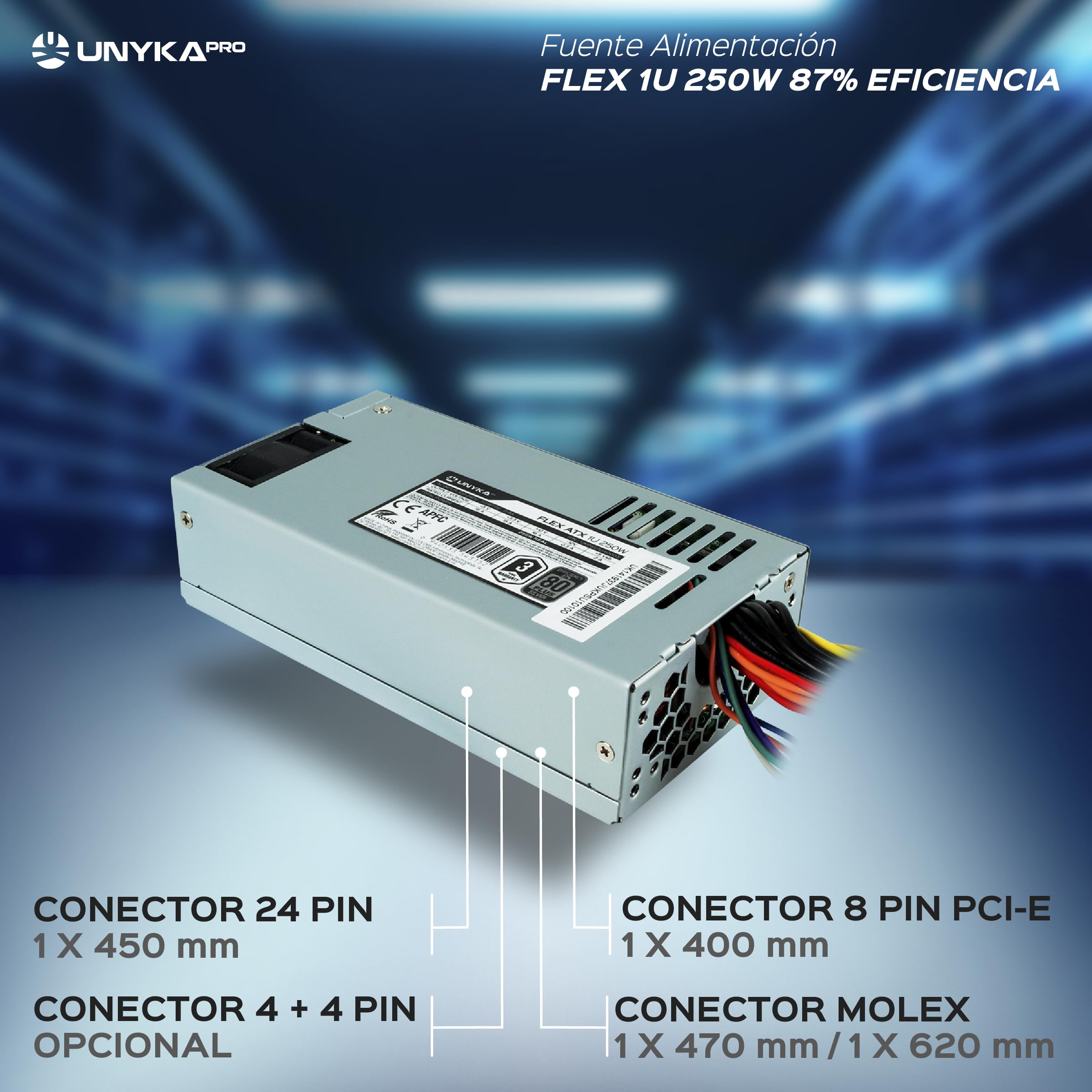 Fuente de Alimentación Flex ATX 1U 250W 87% Eficiencia, con Ventilador 40 mm y Sistema de Seguridad Frente a Sobretensión, Baja Tensión, Sobreintensidad y Cortocircuitos