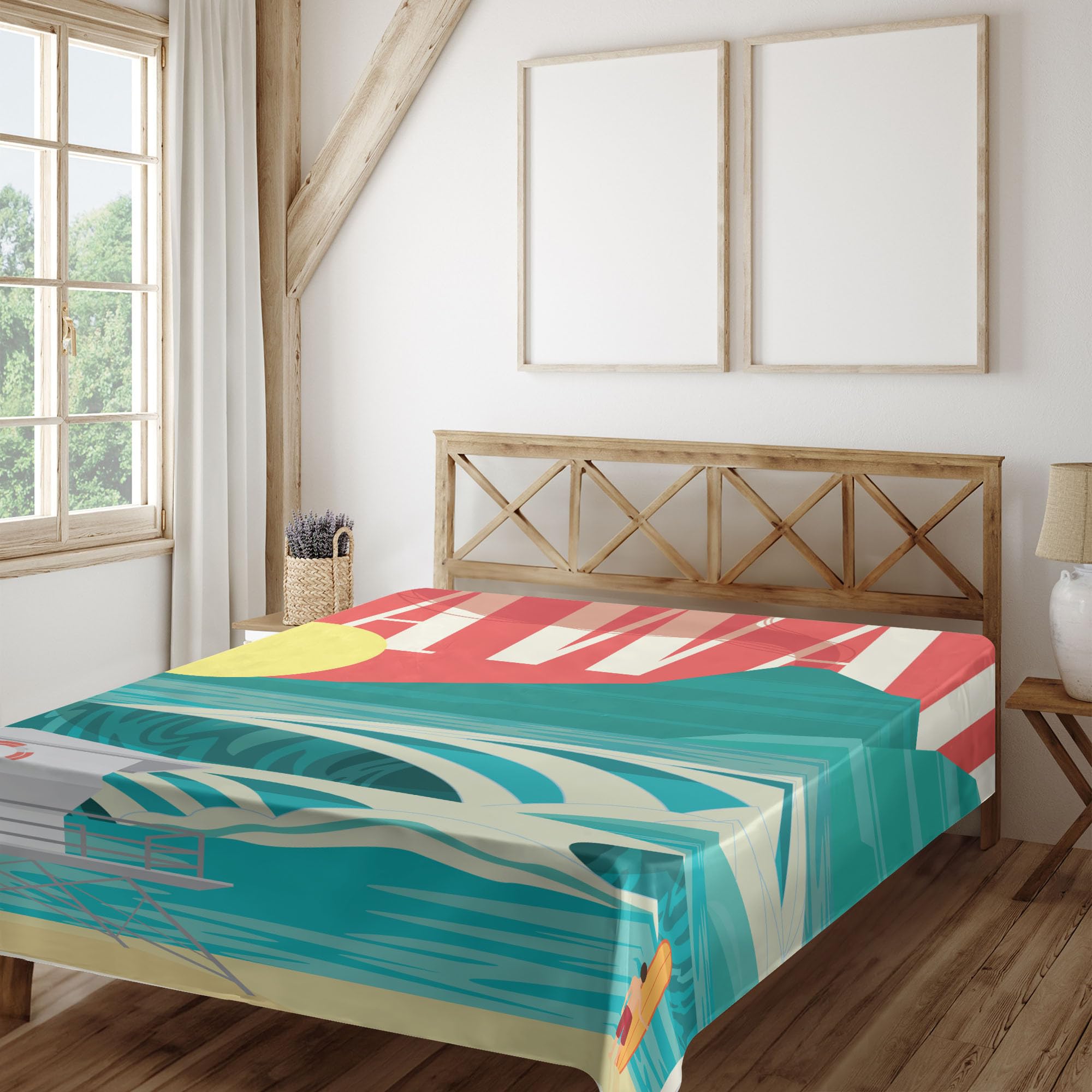 Ambesonne Hawaiian Flat Sheet, Hawaii Sandy Coastline Sunny Day Surfboard Tropics Famous Honeymoon Destination, Soft Comfortable Top Sheet Decorative Bedding 1 Piece, California King, Sand Teal