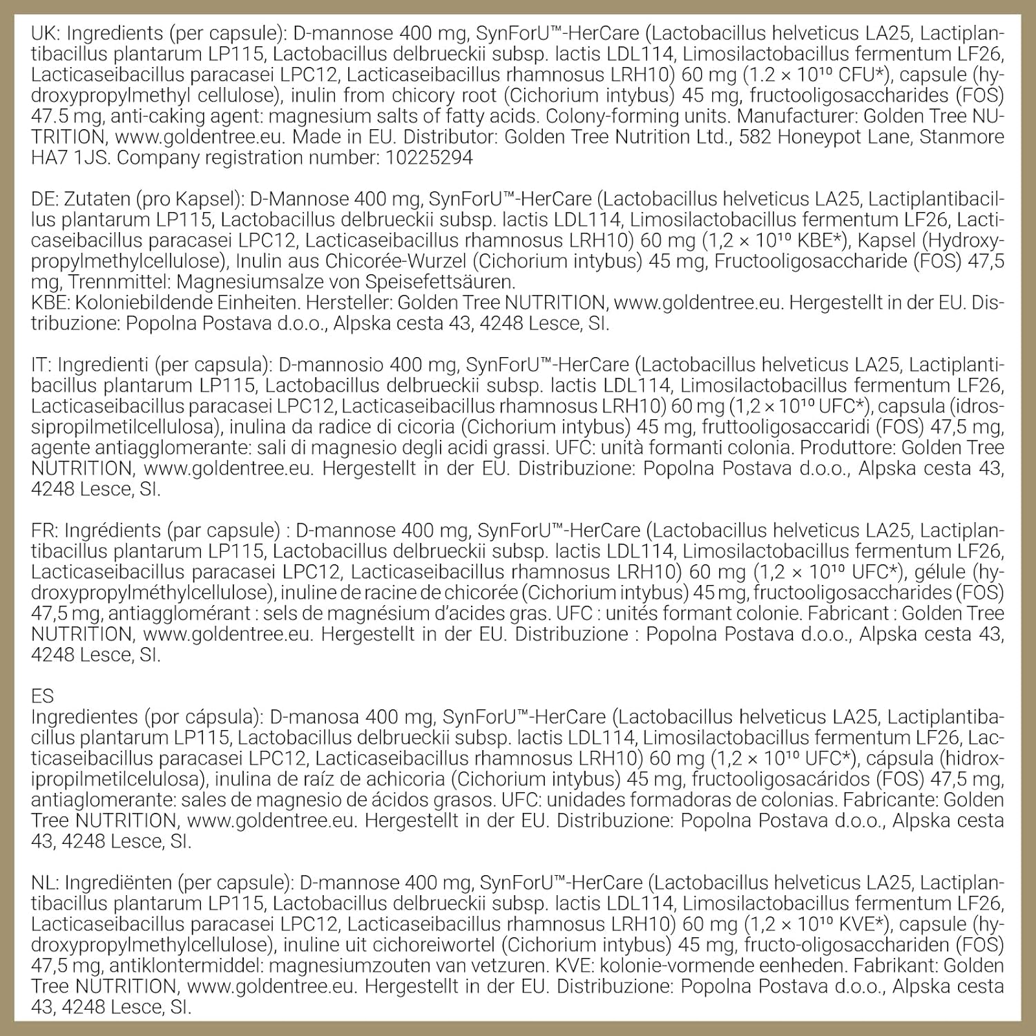 Golden Tree My Flora Biotics – Integratore Alimentare, 30 Capsule | Con 6 Ceppi di Lactobacillus, D-Mannosio e Inulina, 12 Miliardi di CFU