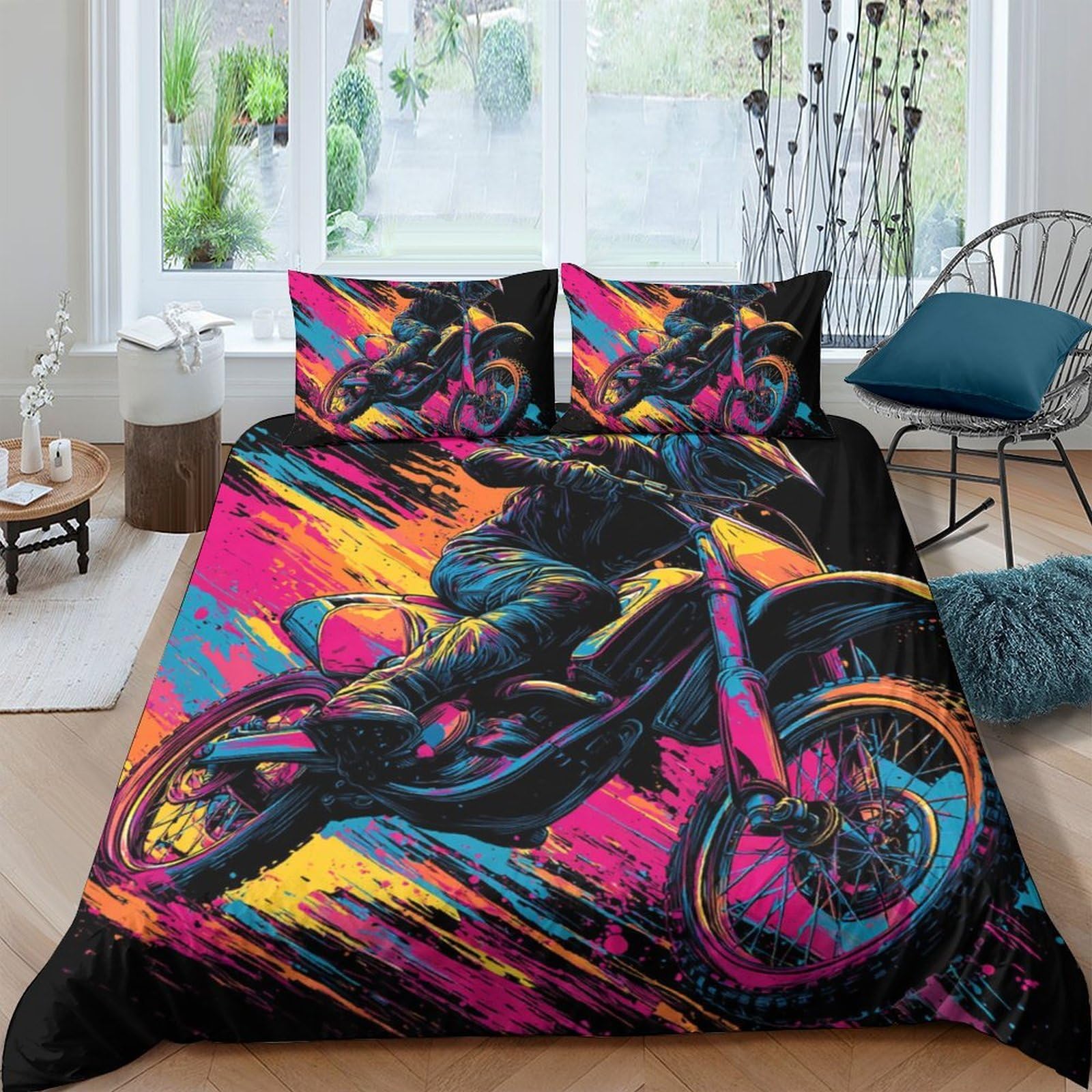 Ctjqhvkz Style-2 3D Printed Motorcycle Racing Fitted Sheet Microfiber Colorful Graffiti Bed Cover For Bedroom Dorm Mattress Protection Decor Single（135X200cm）