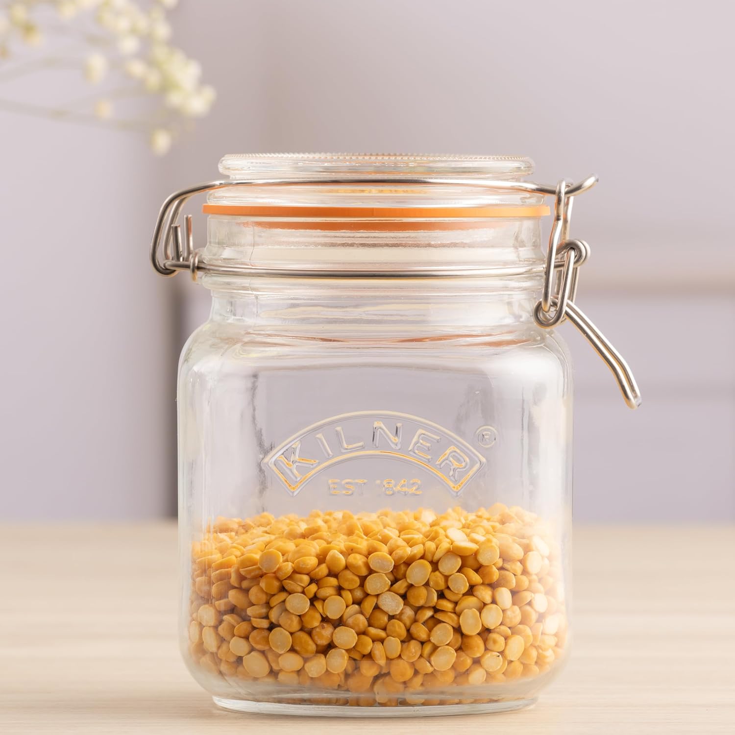 Kilner Square Clip Top Jar 1L (1000ml) Airtight Glass Jar for Pickling Vegetables Preserving Chutneys Storing Coffee Beans Nuts Pasta Dry Foods