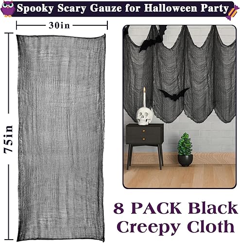 Miniatura 2 de Halatool Paquete de 8 paños espeluznantes de Halloween de 30 x 90 pulgadas, gasa negra espeluznante para colgar en decoración de Halloween,