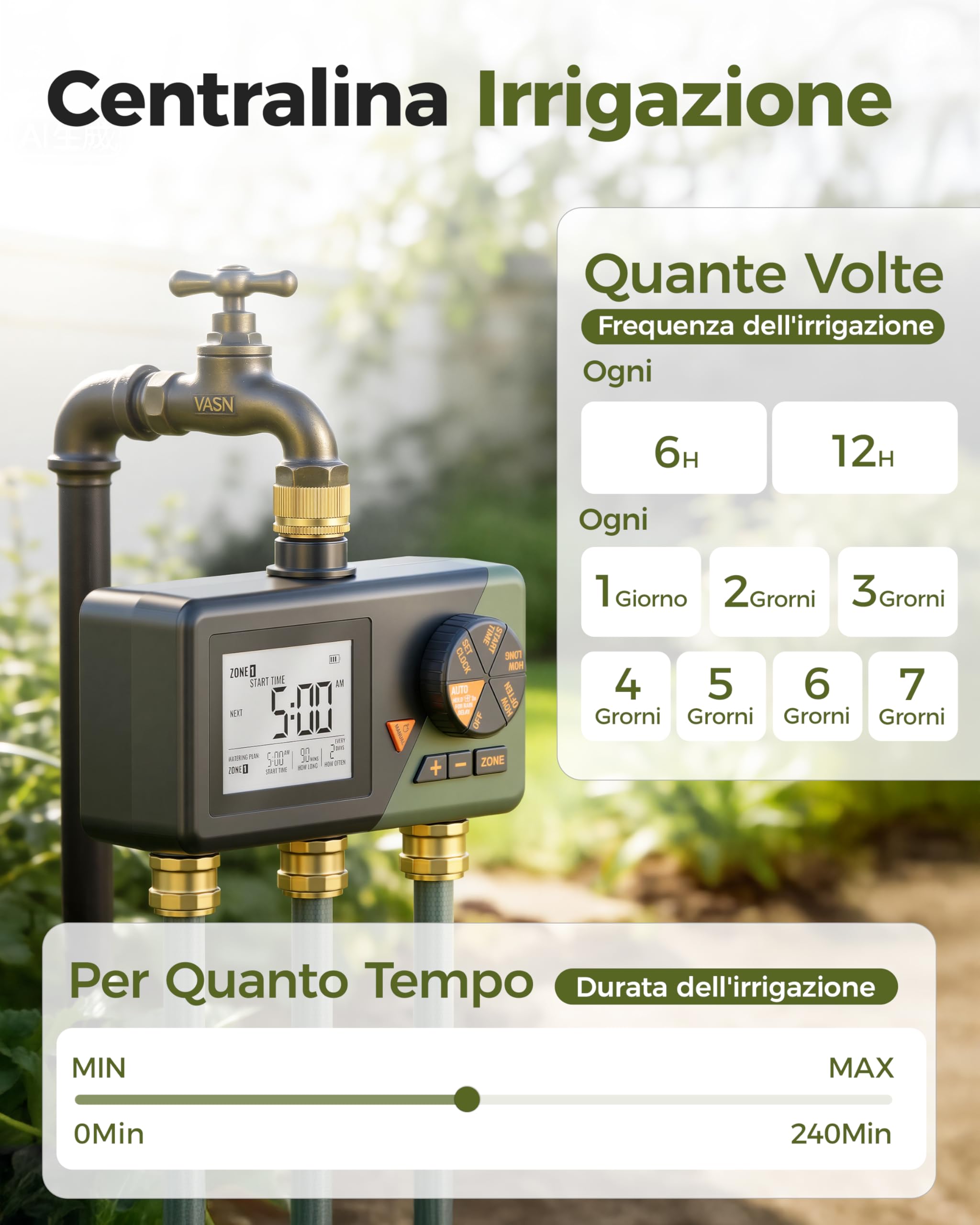 Diivoo Ottone Centralina Irrigazione 3 Vie per Giardino, Prato, Cortile | Ampio Display LCD, Ritardo Pioggia, Irrigazione Manuale