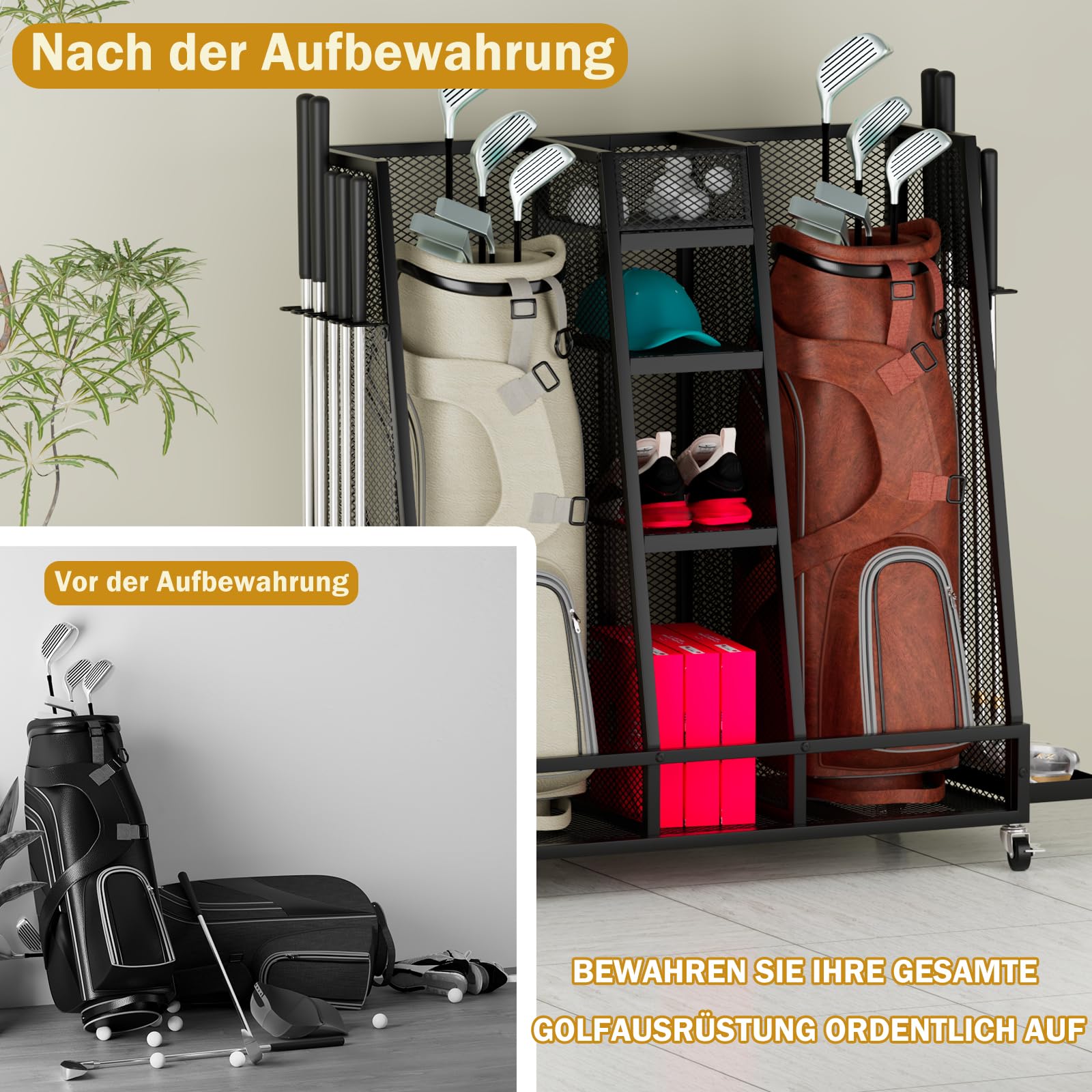 Golftaschenständer für 2 Golfsäcke aus Kohlenstoffstahl, mobiler Golf Organizer mit 4 Ablagen, seitlichem Schlägerhalter, 100kg Tragkraft, feststellbare 360° Räder für Garage Zuhause