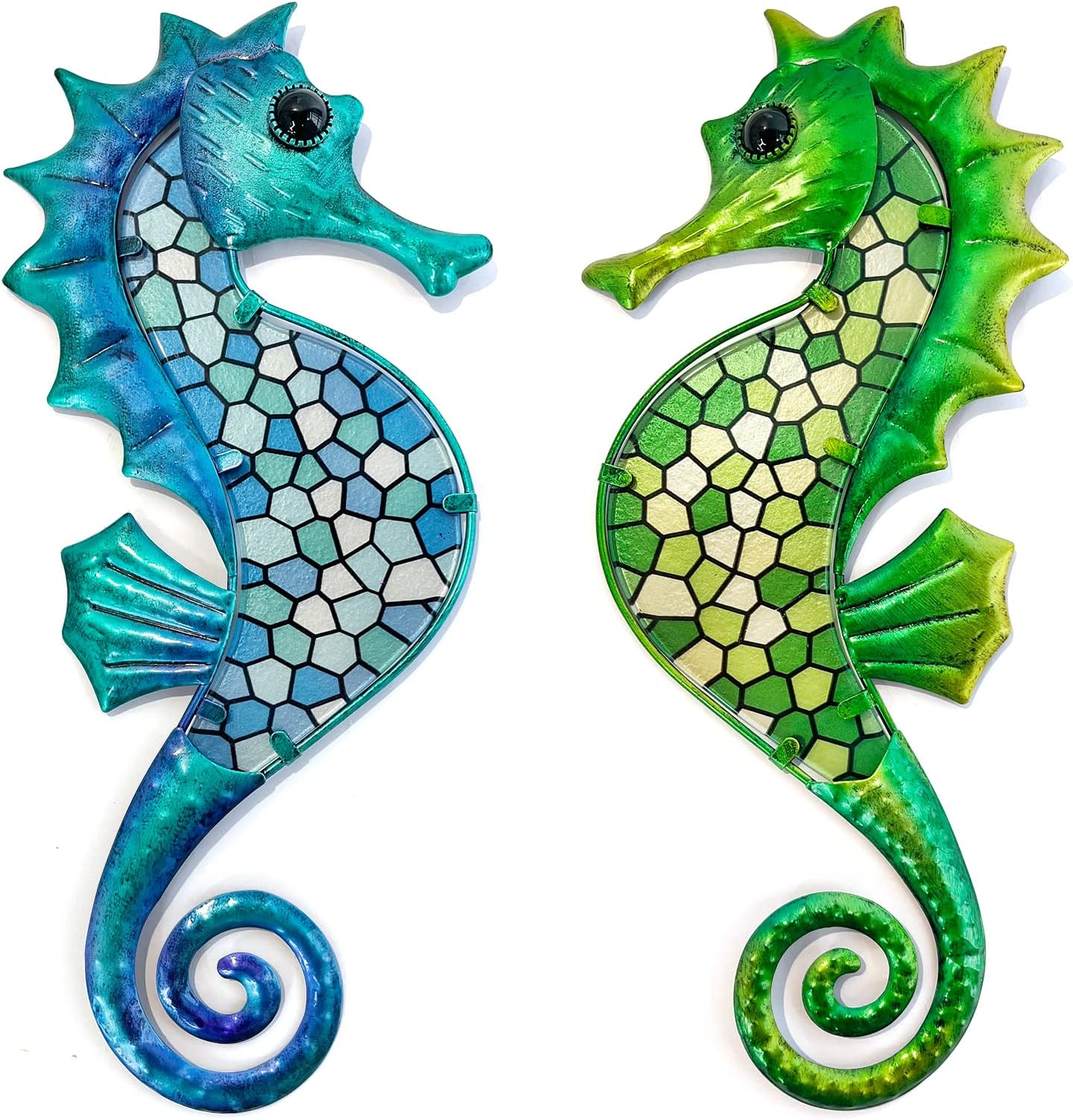 HONGLAND2PCS Seahorse Metal Wall Art - Mosaic Glass Ocean Wall Decor - Coastal Sculpture Hanging Decoration for Home Garden Fence Pool Bathroom | Man Woman Gift Ideas