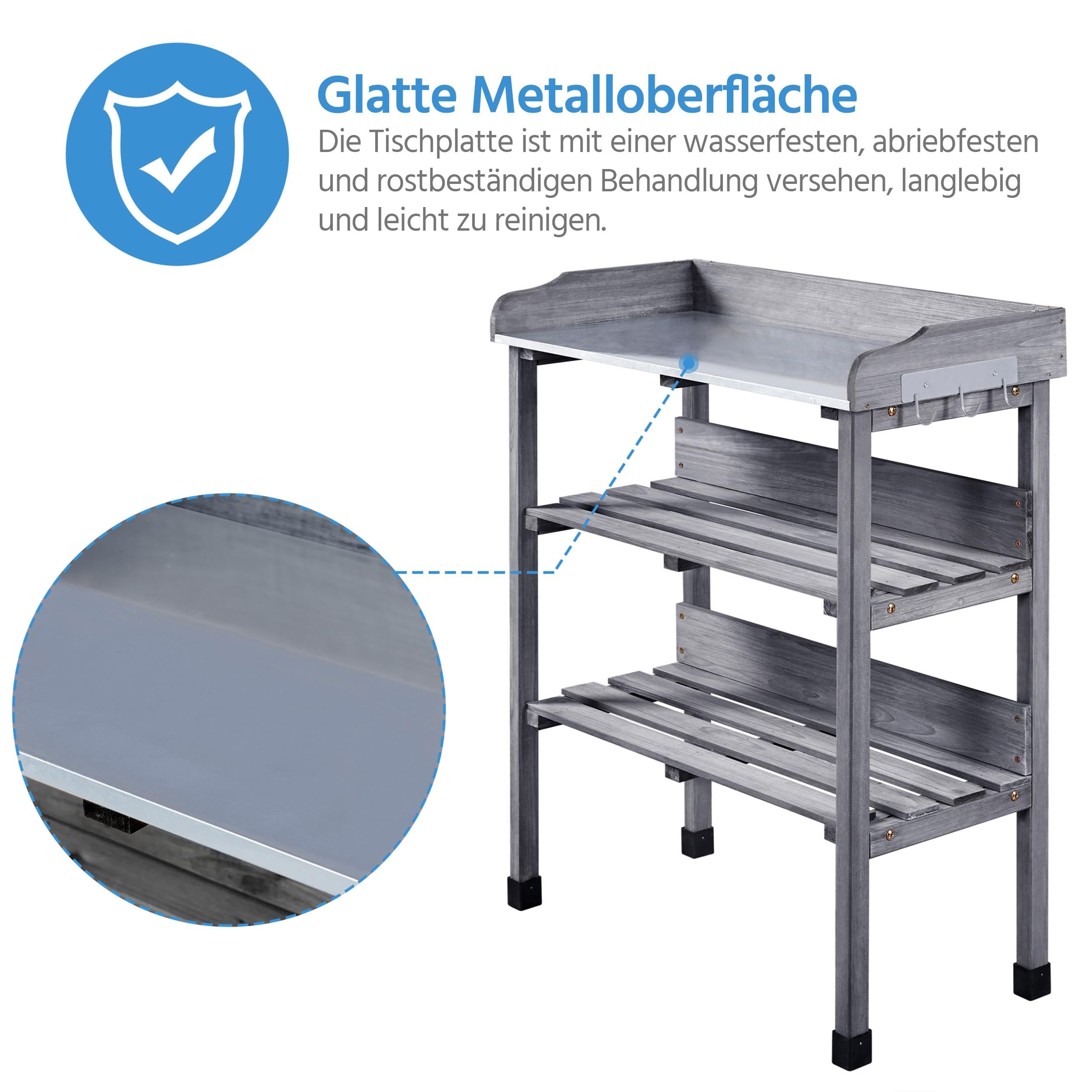 Yaheetech Pflanztisch Outdoor wetterfest, Gärtnertisch 77 x 37 x 90 cm mit verzinkter Arbeitsplatte & 2 Ablagefächer & 3 Haken Blumentisch aus Tannenholz für Garten/Balkon/Terrasse Grau