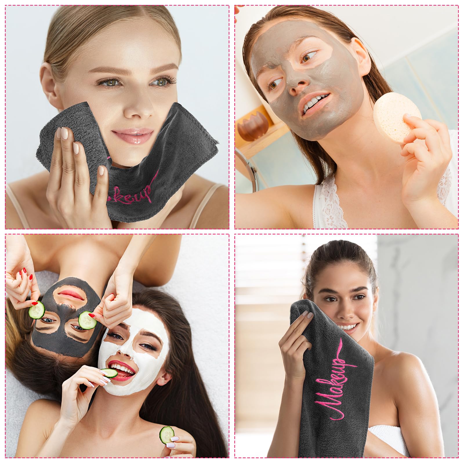 Preboun Paquete de 96 paños desmaquillantes, toallas de maquillaje de 13 x 13 pulgadas, toallas faciales de microfibra suave a granel, paños de maquillaje reutilizables con bordado de maquillaje para