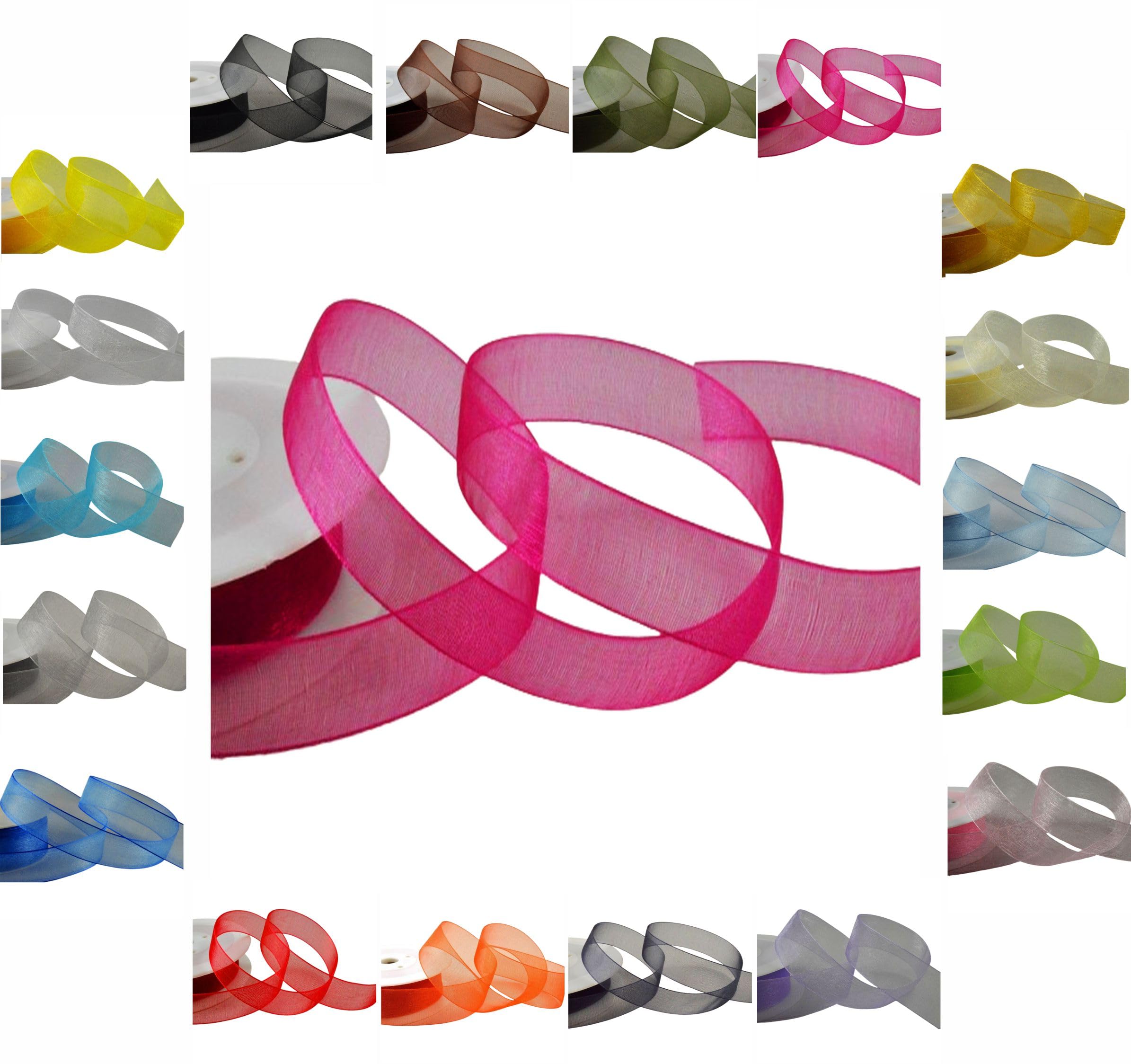 50m / 25m Roll Luxury Organza Woven Edge Ribbon Reel Rolls 3mm, 9mm, 15mm, 25mm, 40mm (Fuchsia, 25mm x 25 Metres)