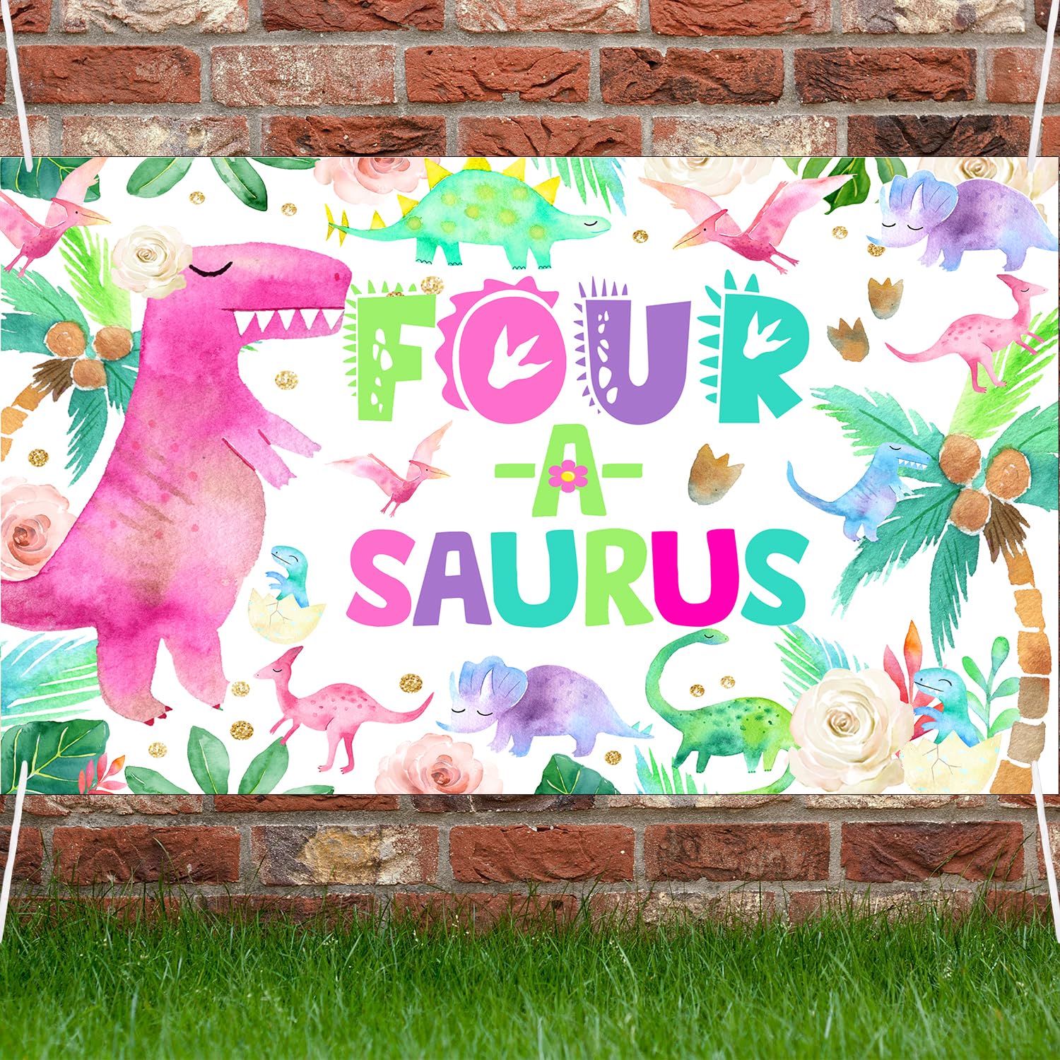 Watercolor Dinosaur 4th Birthday Backdrop Banner Roar I'm 4 Pink Dinosaur Birthday Party Decorations Dino Four Years Old Background Photo Booth Props