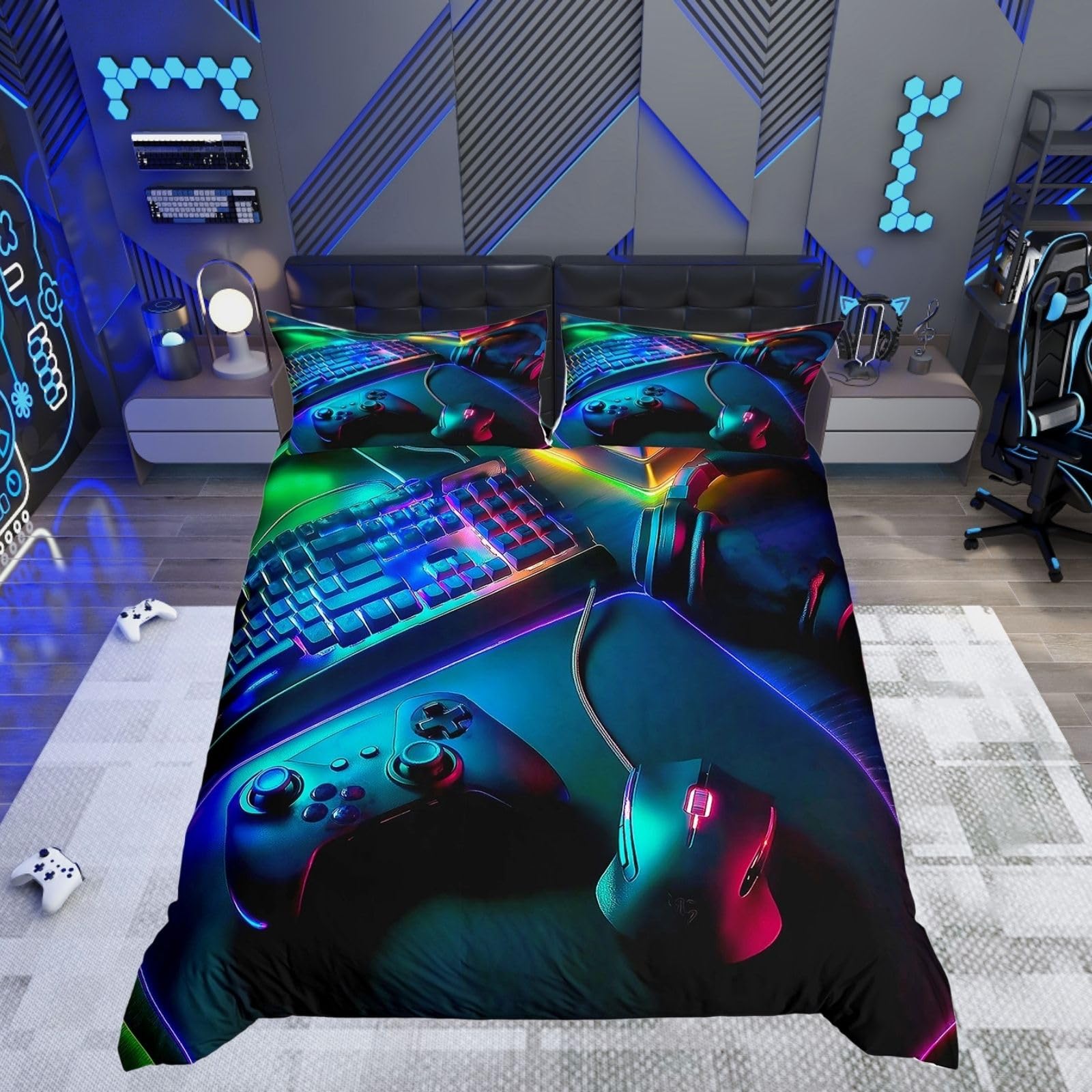 Housse de couette casque souris clavier manette de jeu 220x240 parure lit gaming