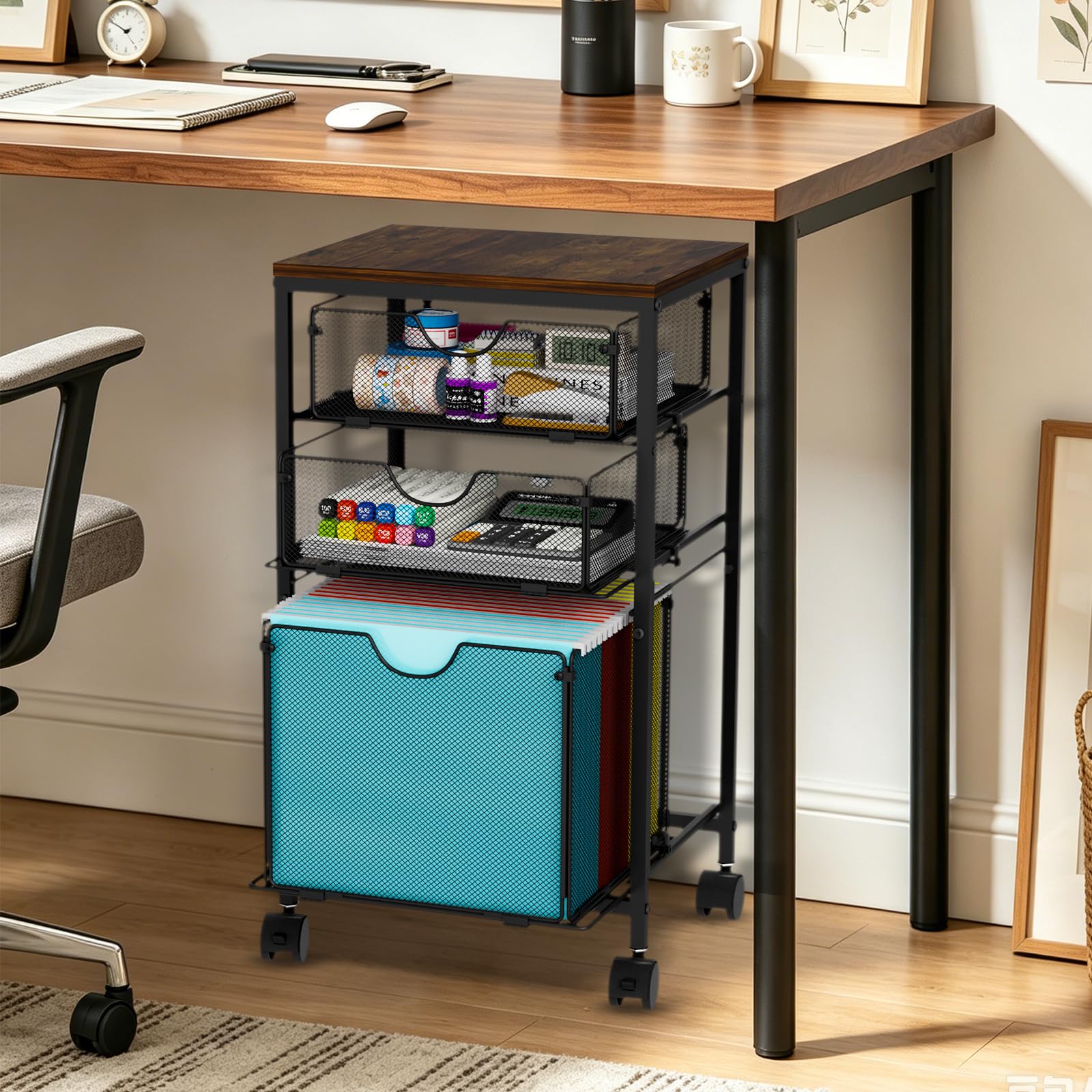 BOHDK Carrito de archivos rodante, carrito de archivos para almacenamiento debajo del escritorio, archivador móvil de madera y malla con 3 cajones deslizantes, para A4, carpetas de archivos colgantes