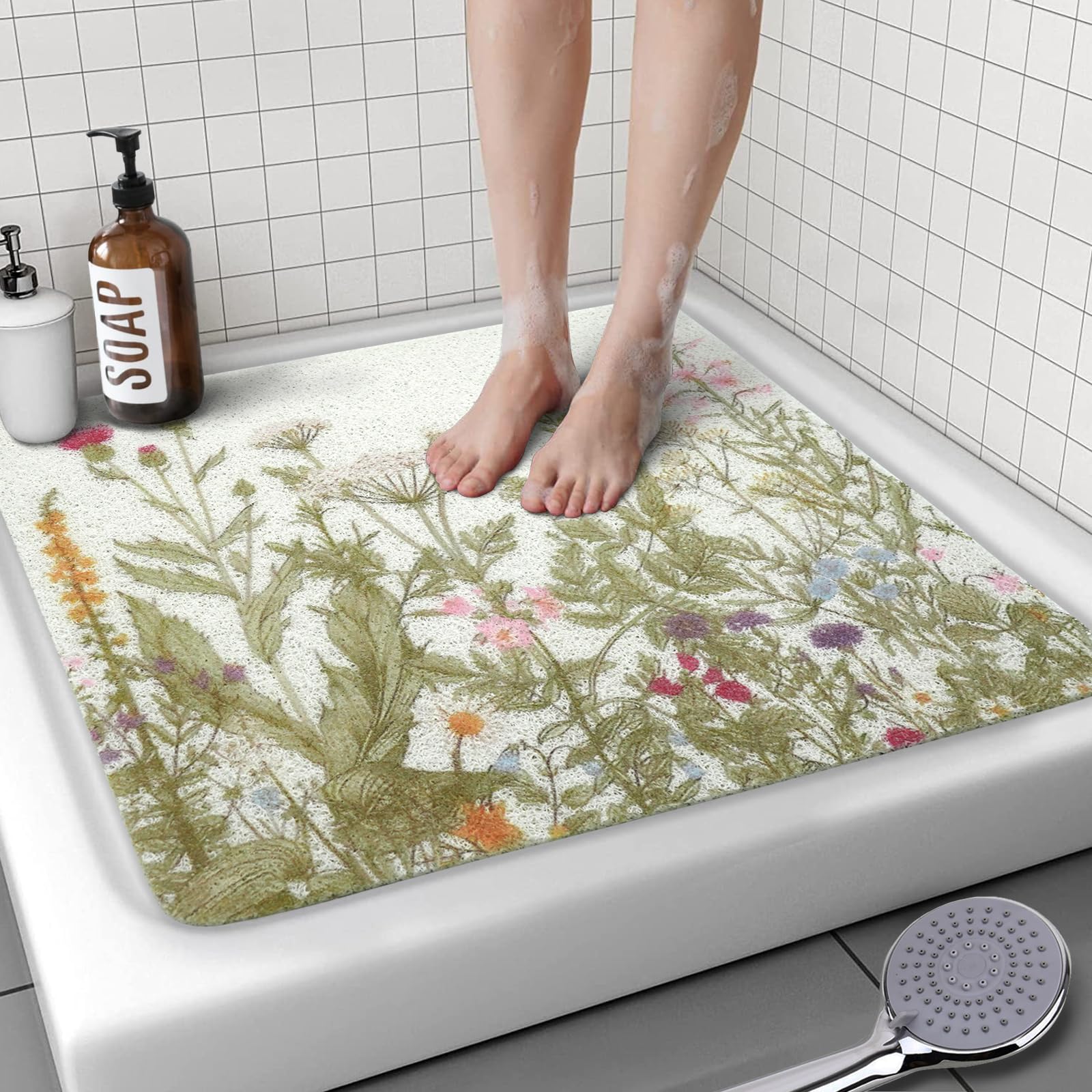 Square Shower Mat, 24 x 24 Inch Non Slip Flower Shower Stall Mat, Quick-Dry PVC Loofah Bath Mat for Shower Tub Bathroom