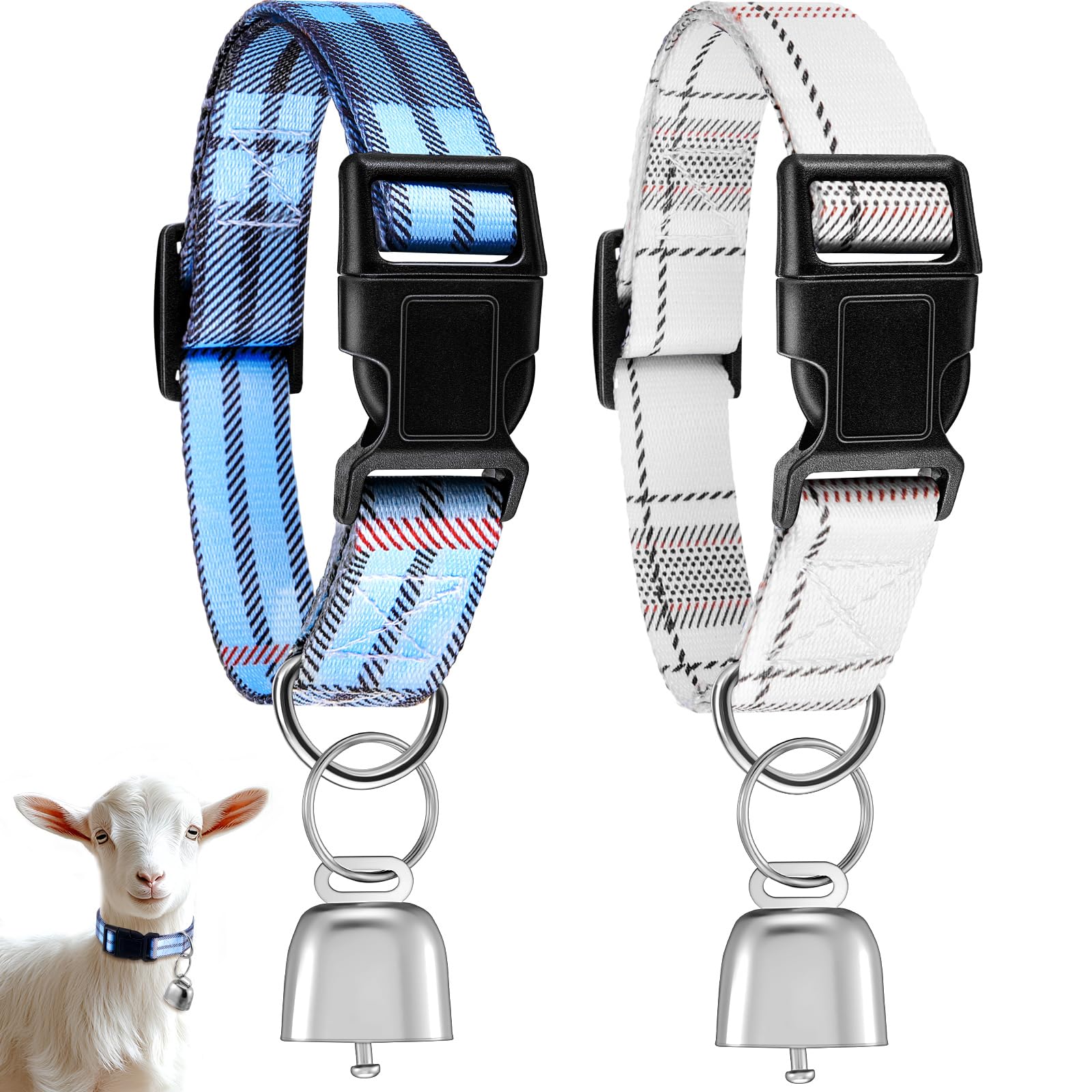 2 Pack Plaid Goat Collars with Bells, Blue White Boy Style for Pygmy Goats