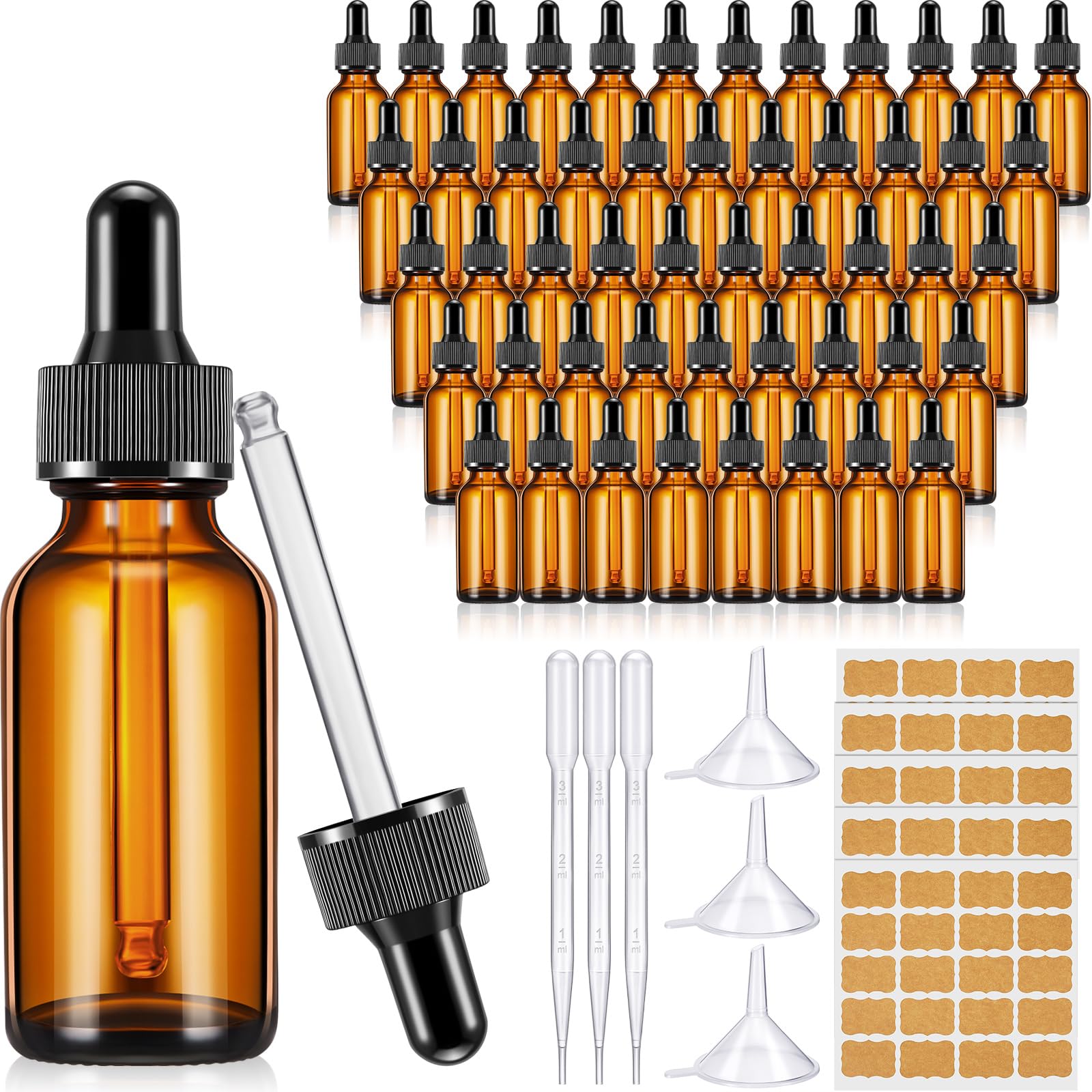 Lallisa Tropfflaschen für ätherisches Öl, 30 ml, Glas-Tropfflaschen mit Augentropfenspender, Tropfflasche mit 5 Trichtern, 5 Pipetten, 3 ml, 100 Etiketten für ätherisches Öl, Parfüm (Bernstein), 100