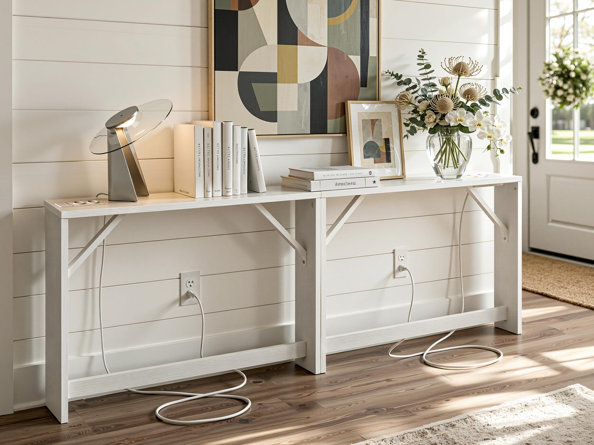 BEXEVUE Konsolentisch Schmal 2er Set, Eingangstisch mit Ladestation, 15 x 200 x 80 cm, Konsolentisch Holz, Beistelltisch, Flurtisch für Wohnzimmer, Flur, Weiß