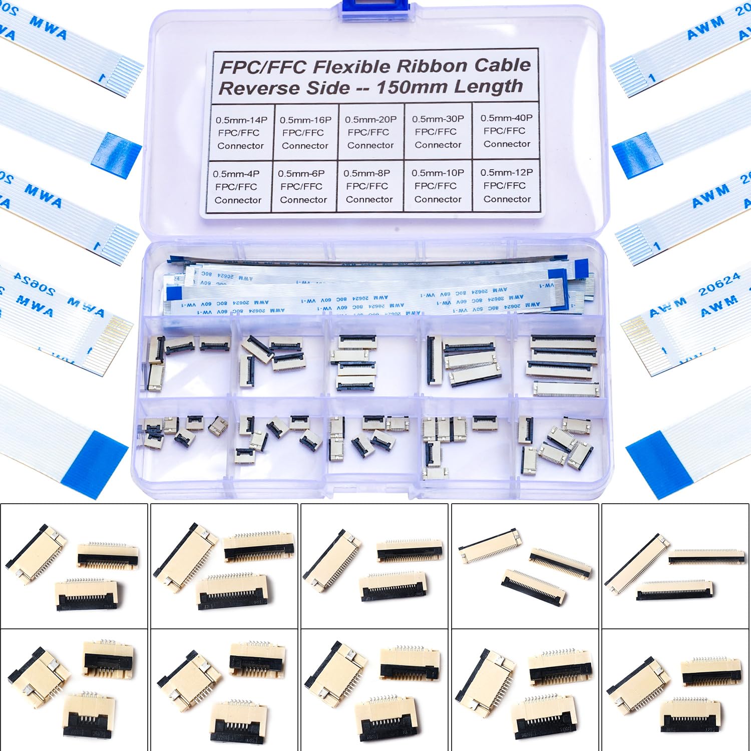 0.5mm Flexible Flat Cable Connectors Kit, 4/6/8/10/12/14/16/20/30/40Pin FFC FPC Ribbon Sockets Connector with Length of 150mm FPC FFC Flexible Ribbon Cable Reverse Side (0.5mm-RS-Kit)