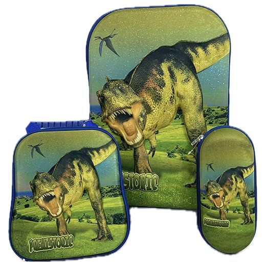 Kit De Mochila Escolar Infantil Masculina Dinossauro 3D Com Rodinha Tripla Em Silicone Acompanha Lancheira E Estojo Resistente Impermeável